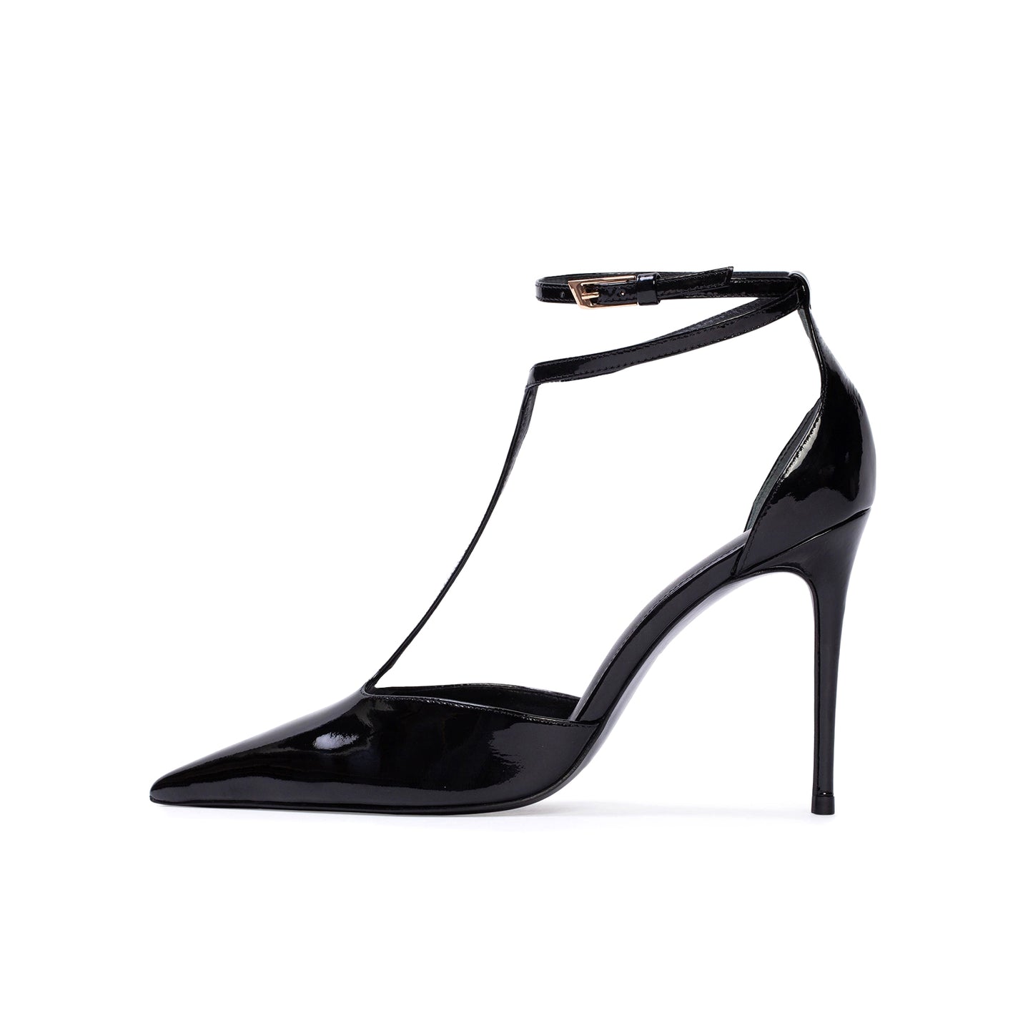 Patent Black Pointed Toe Ankle Strap With Buckle High Stiletto Heel