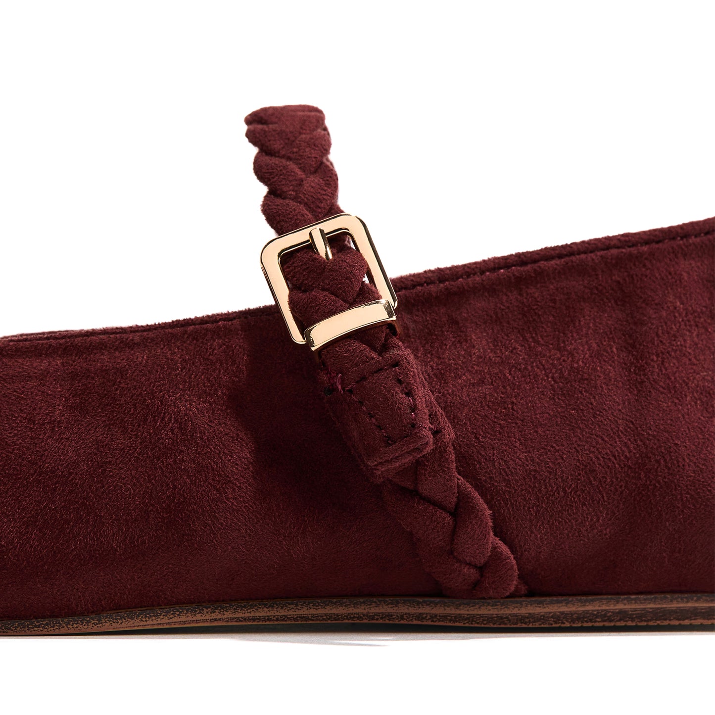 Burgundy Faux Suede Square-Toe Delicate Buckle Mary Jane Ballet Flats