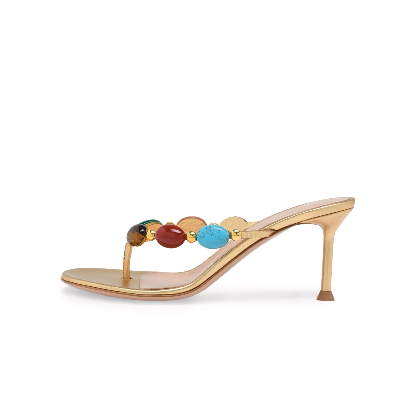 Metallic Gold Square-Toe Colorful Crystals Backless Kitten Heels