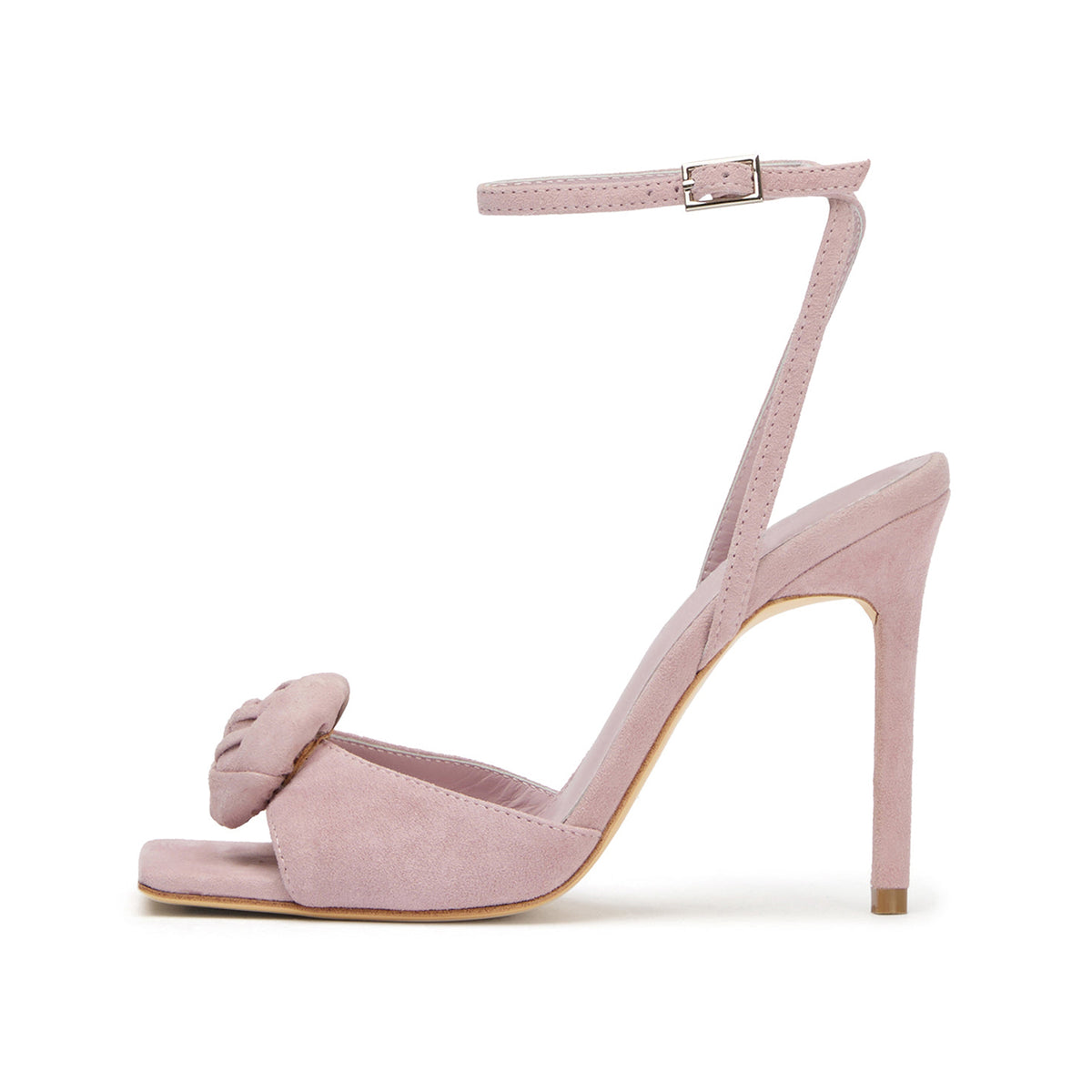 Pink Satin Square-Toe Front Rose Ankle Strap High Heels