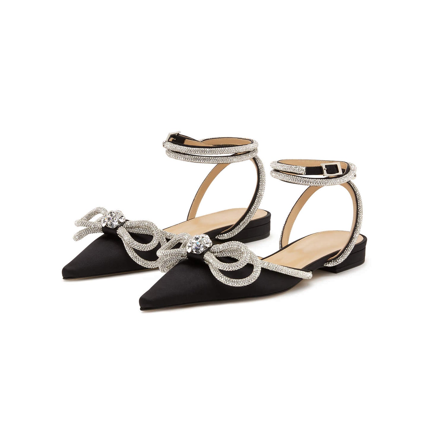 Black Satin Pointed-Toe Glitter Double Bow With Rhinestones Ankle Strap Flats