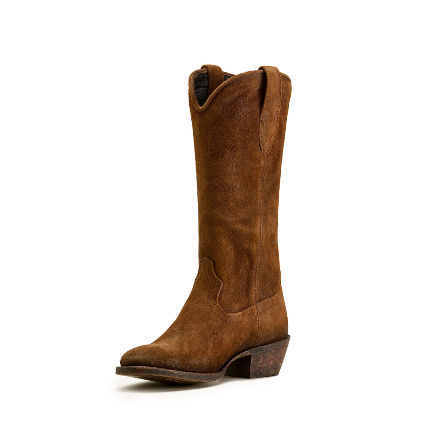 Brown Faux Suede Round-Toe Simple Mid Calf Classic Cowgirl Boots