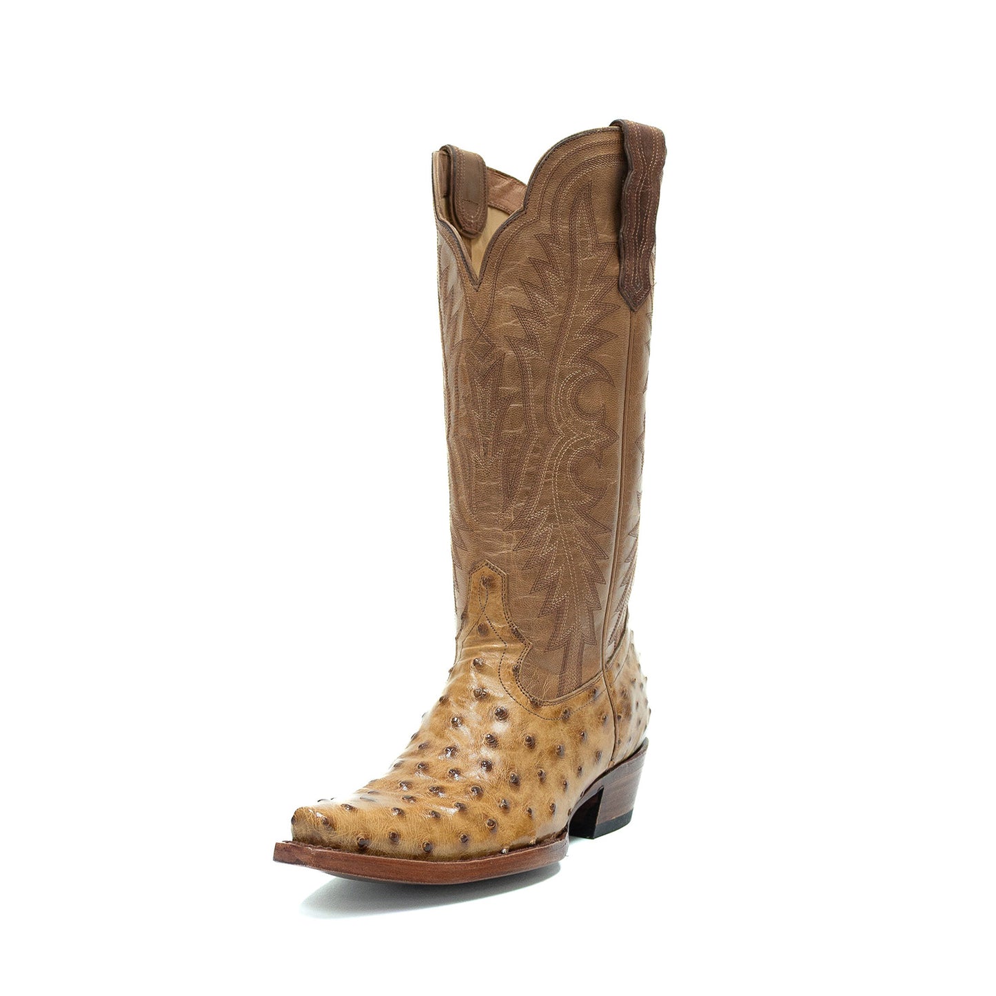 Umber Contrast Vegan Leather And Ostrich Print Snip-Toe Embroidery Mid Calf Cowgirl Boots