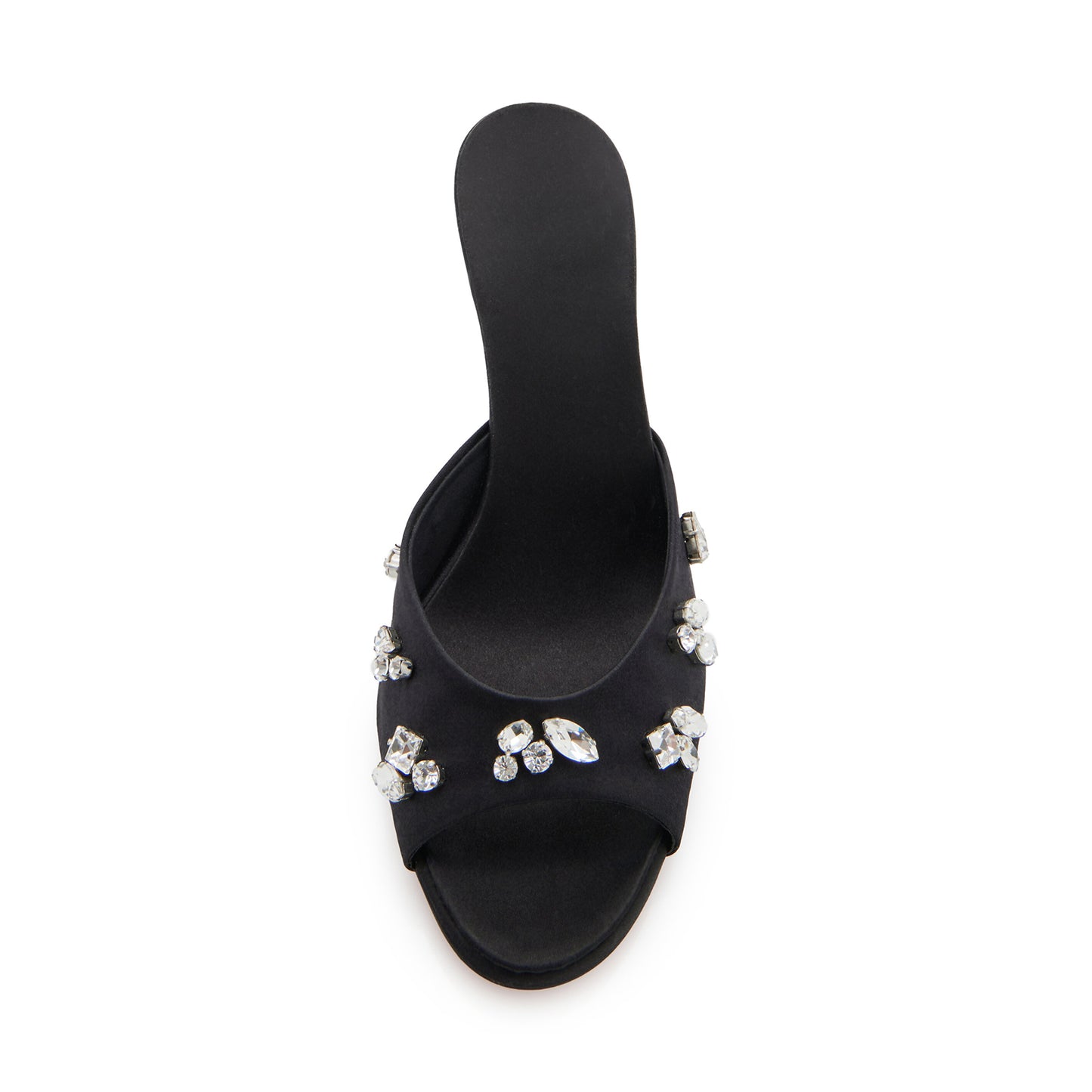 Black Satin Peep Round-Toe Front Crystals Slip-On Backless High Heels