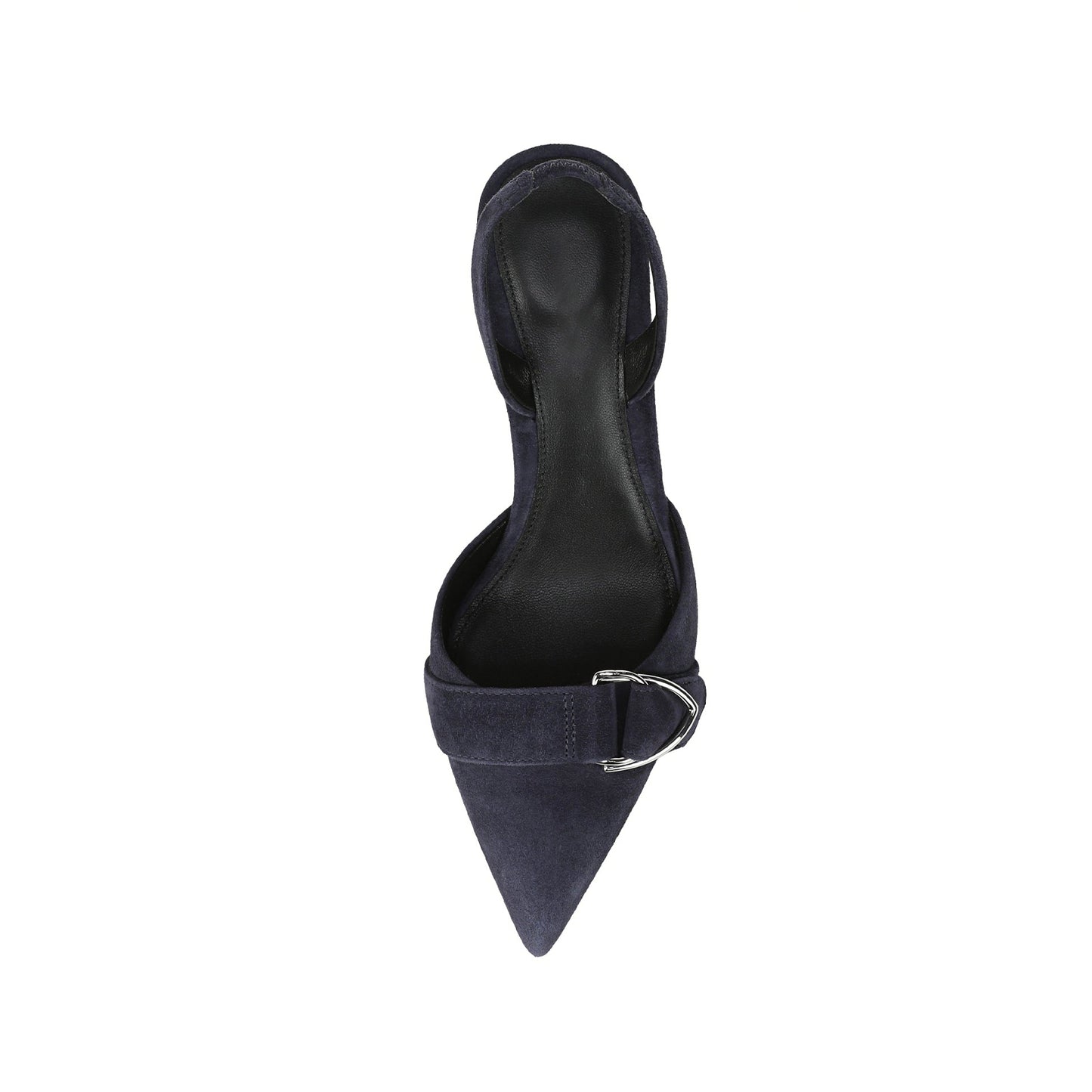 Navy Faux Suede Pointed-Toe Front Gold D-Ring Strap Slingback Kitten Heels
