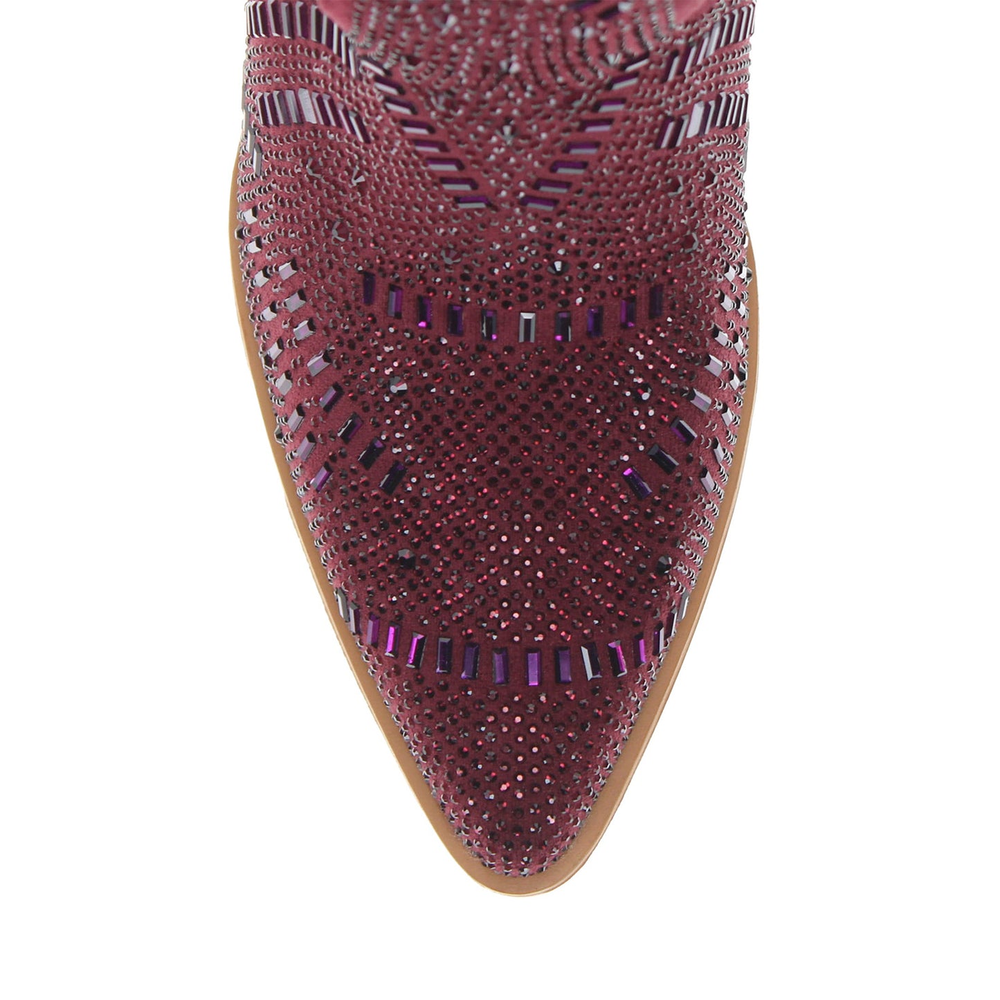 Maroon Faux Suede Pointed-Toe Full Crystals Full-Zip Ankle Cowgirl Boots