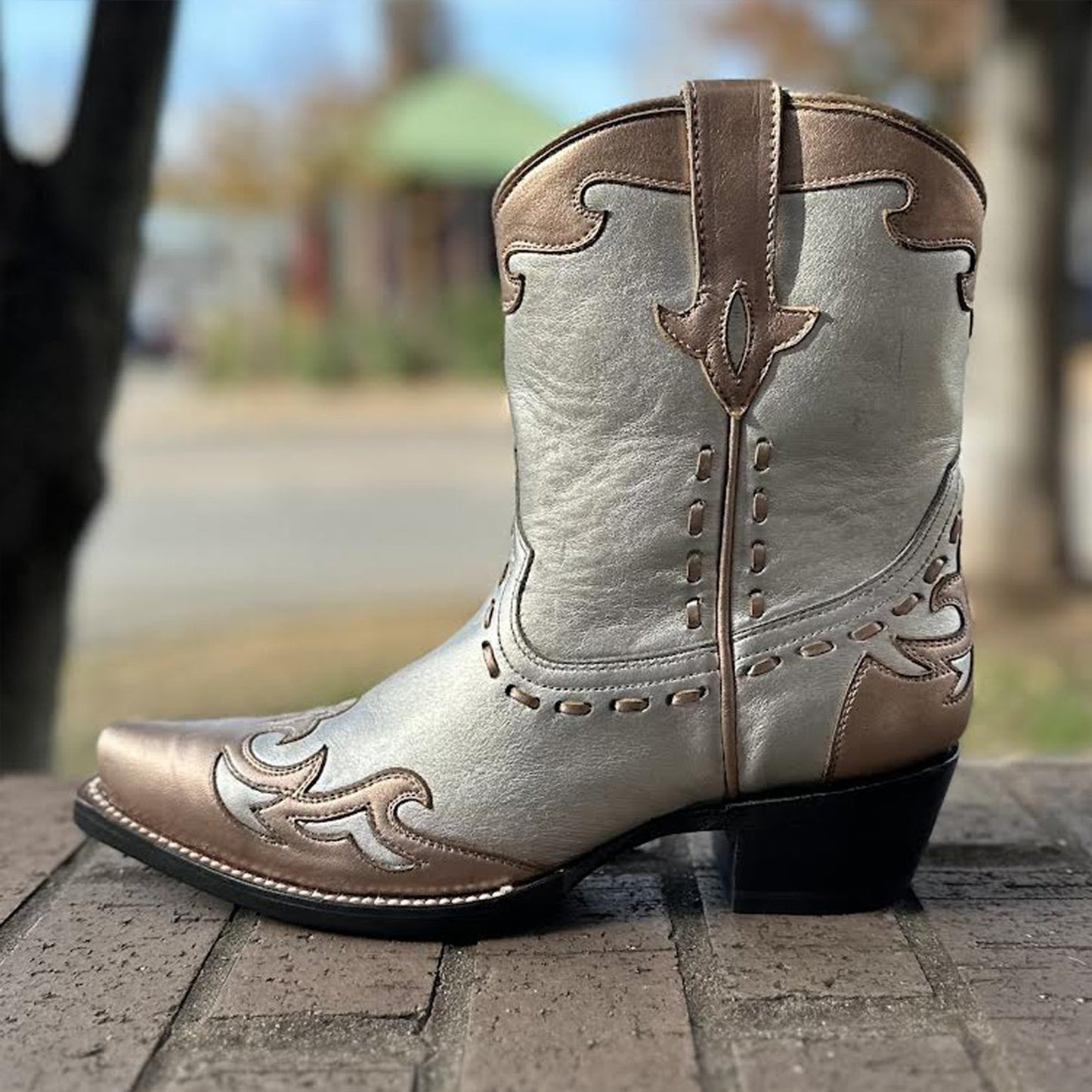 Contrast Silver And Rose Gold Snip-Toe Running Stitch Ankle Cowgirl Boots