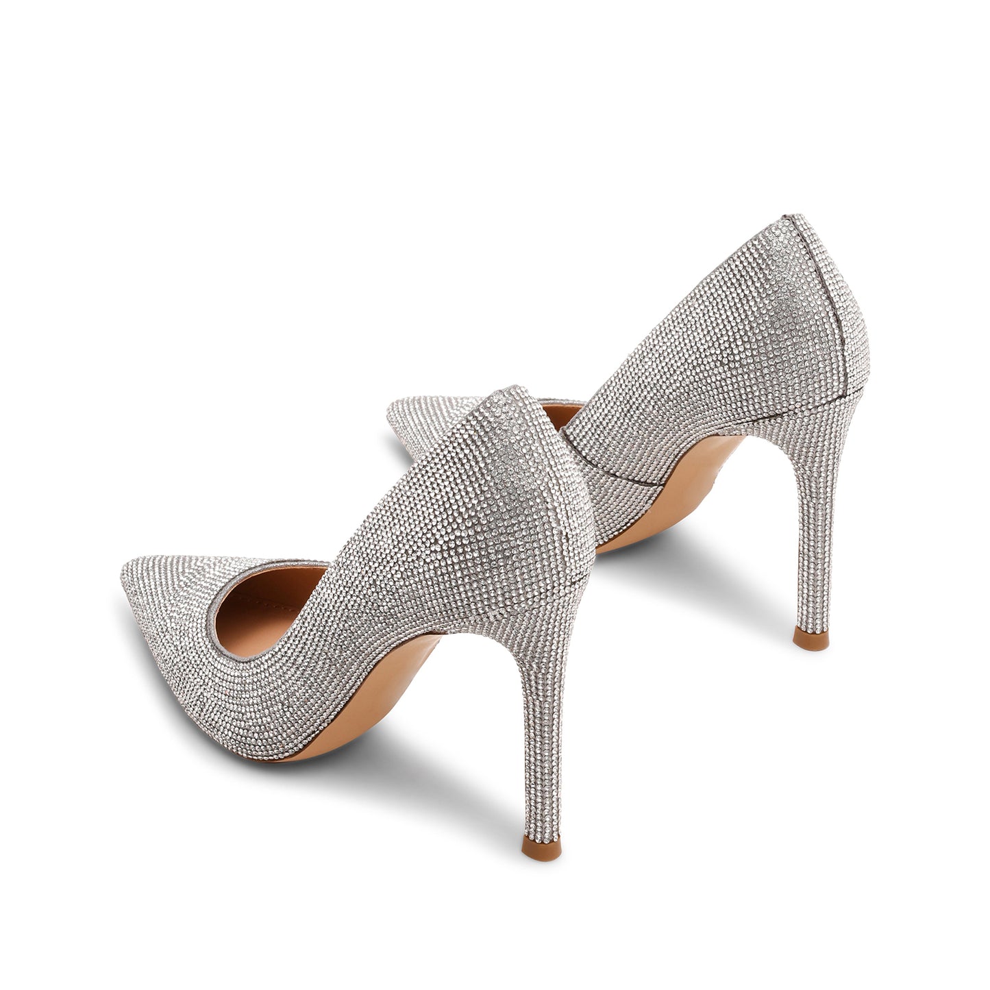 Silver Satin Full Rhinestones Pointed-Toe Classic Slingback High Heels
