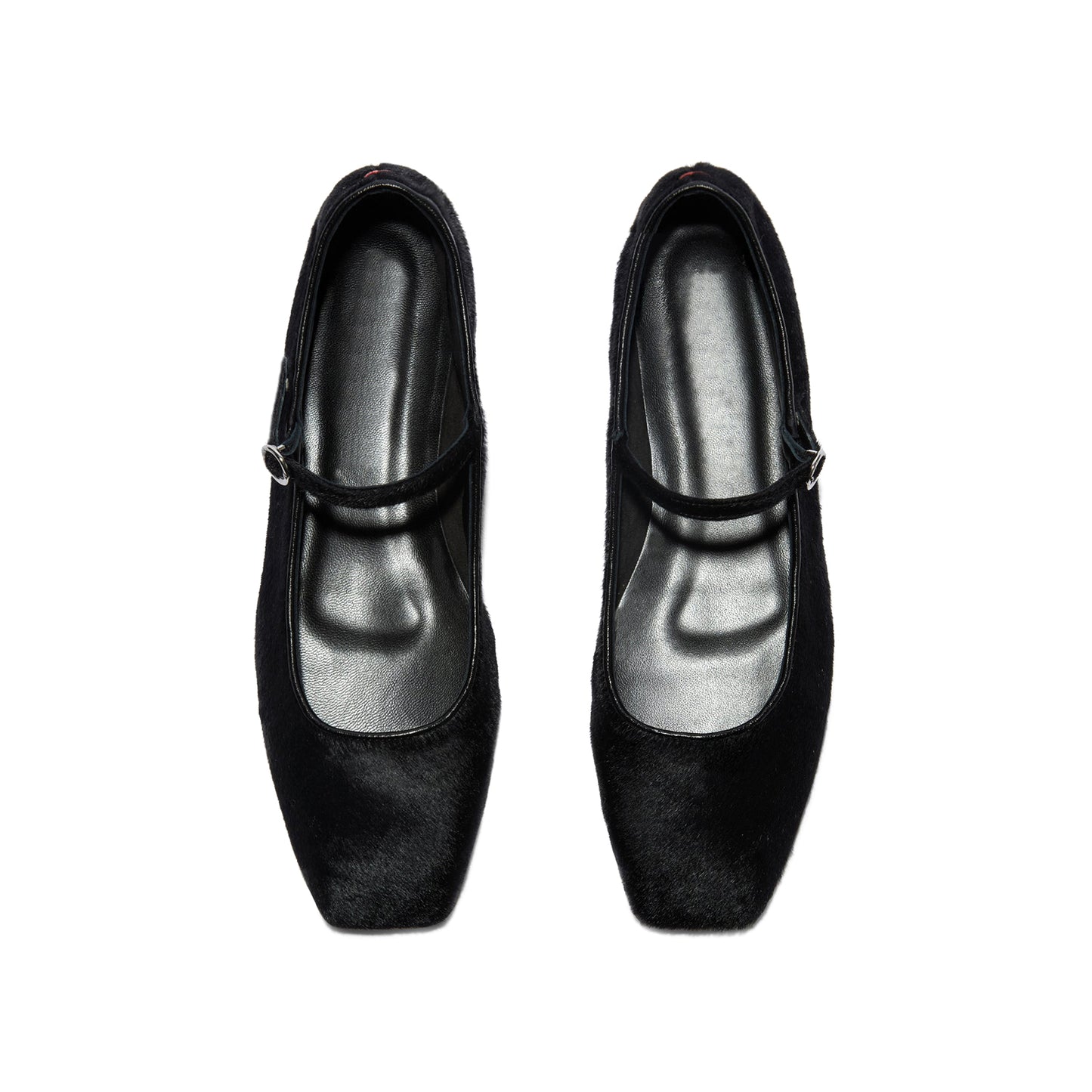 Black Pony Hair Vegan Leather Square-Toe Mary Jane Flats