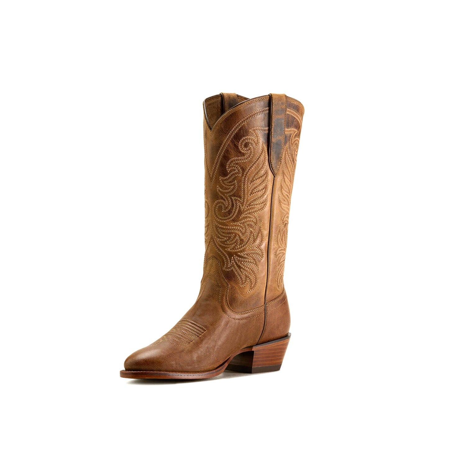 Tan Round-Toe Classic Embroidery Mid Calf Cowgirl Boots