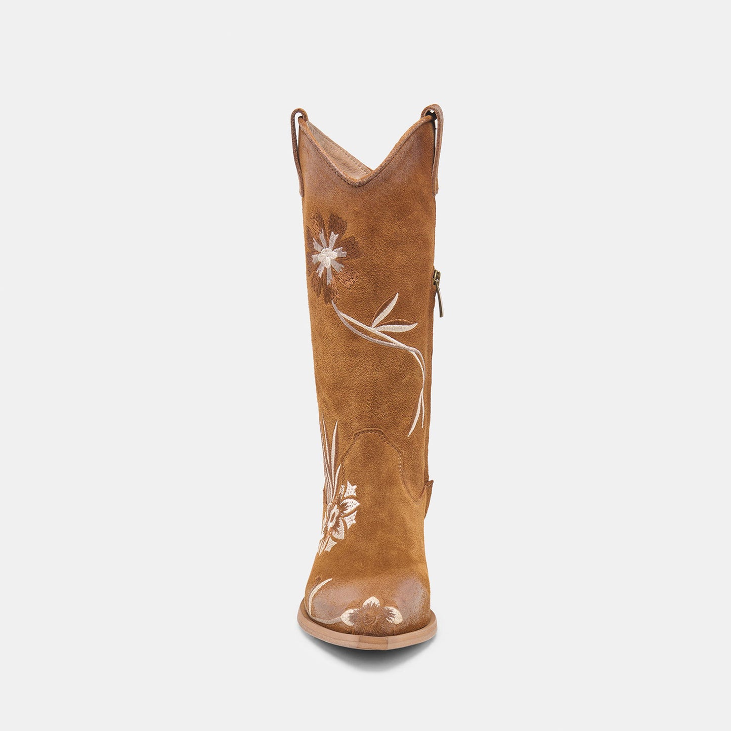 Tan Faux Suede Almond-Toe Stylish Floral Embroidery Half-Zip Mid Calf Cowgirl Boots