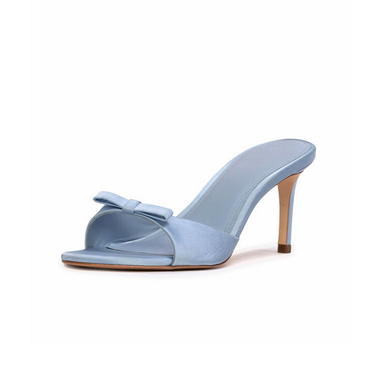 Blue Satin Round-Toe Front-Bow Backless Kitten Heels