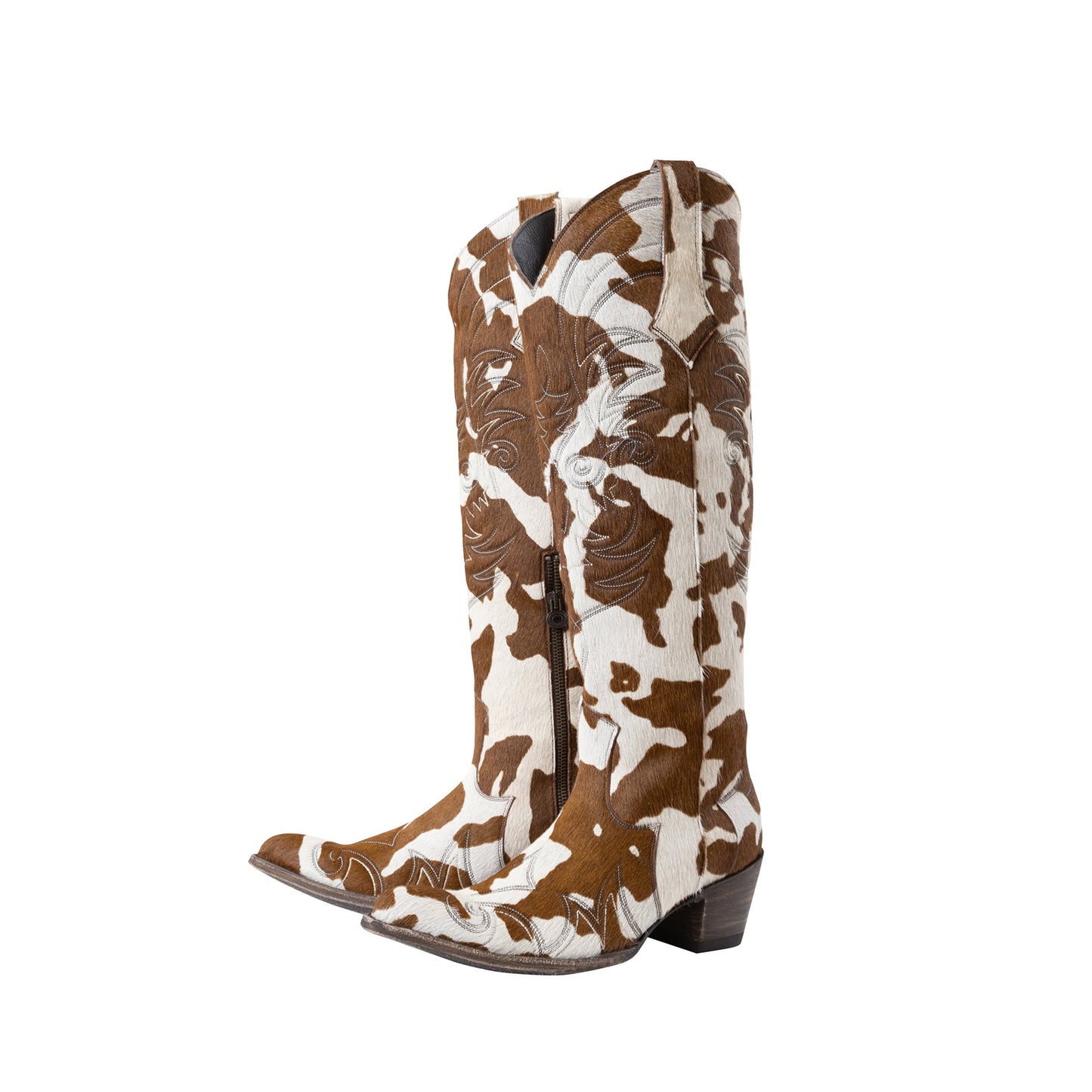 Classic Cow Pattern Almond-Toe Embroidery Half-Zip Knee High Cowgirl Boots