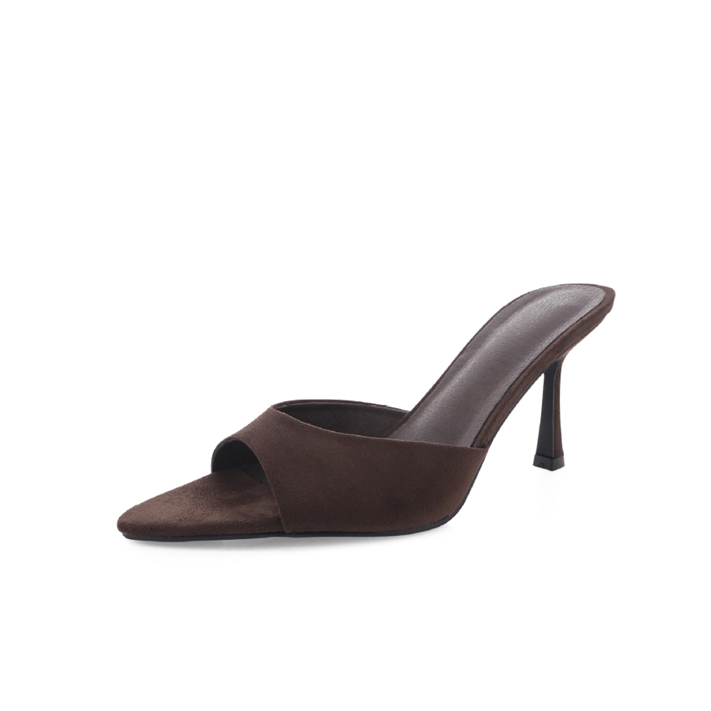 Dark Brown Faux Suede Open Pointed-Toe Slip-On Backless High Heels