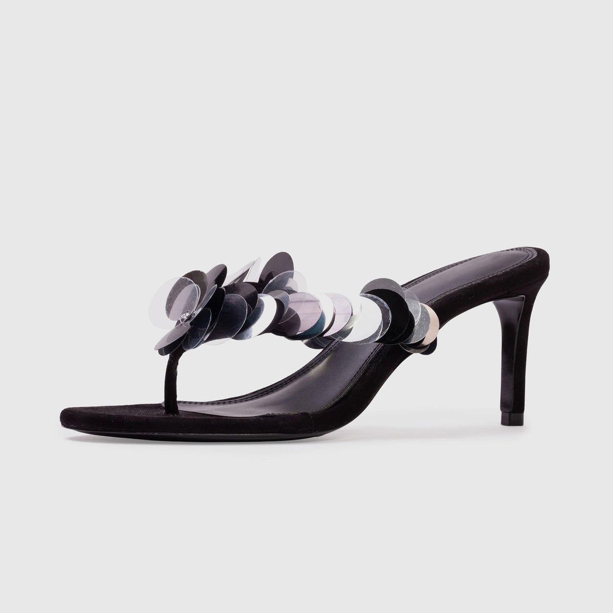 Black Faux Suede Round-Toe Flip-Flop With Sequins Backless High Heels
