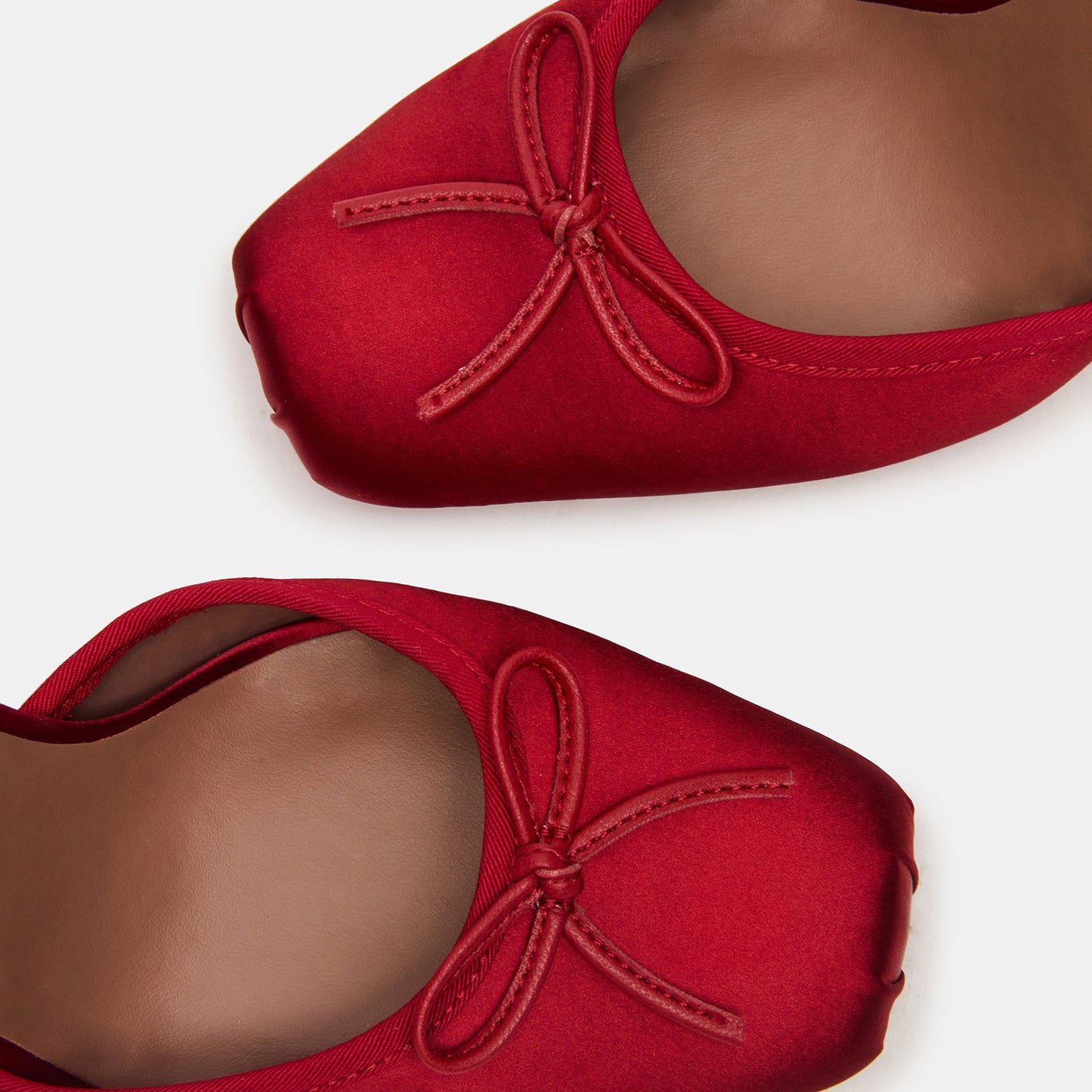 Red Satin Square-Toe Front Bow Ankle Strap Slip-On High Heels