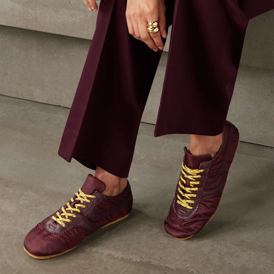 Burgundy Contrast Vegan Leather And Cloth Square-Toe Lace-Up Sneakers Flats