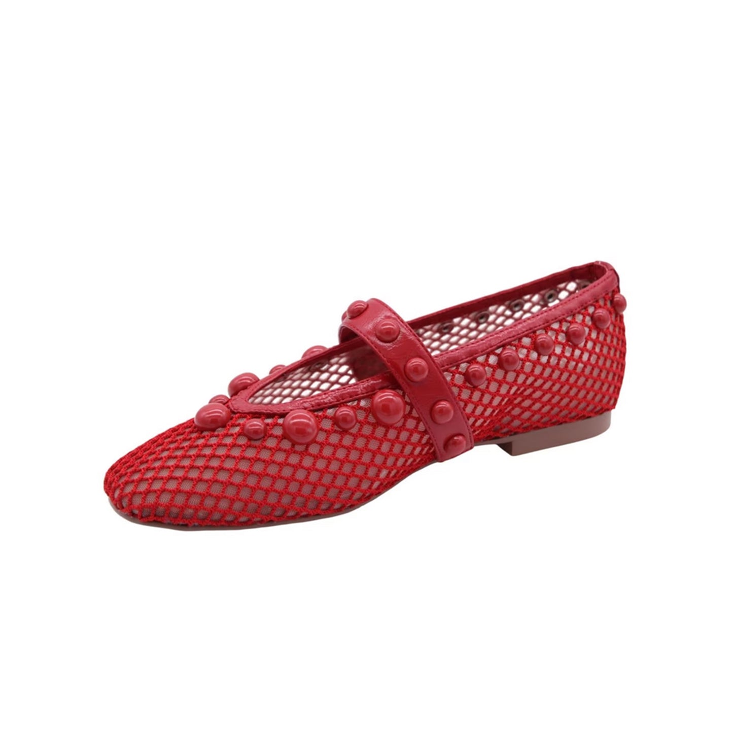 Red Mesh Square-Toe Studs And Mary Jane Ballet Flats