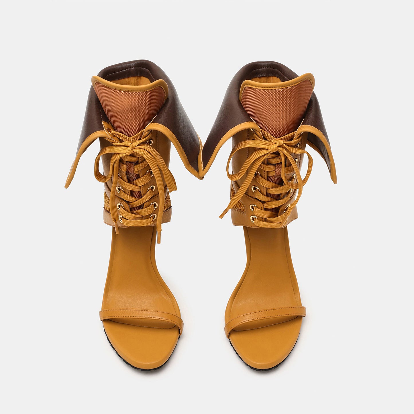 Wheat Open Round-Toe Mesh And Lace-Up Shaft Back Design Stiletto High Heels
