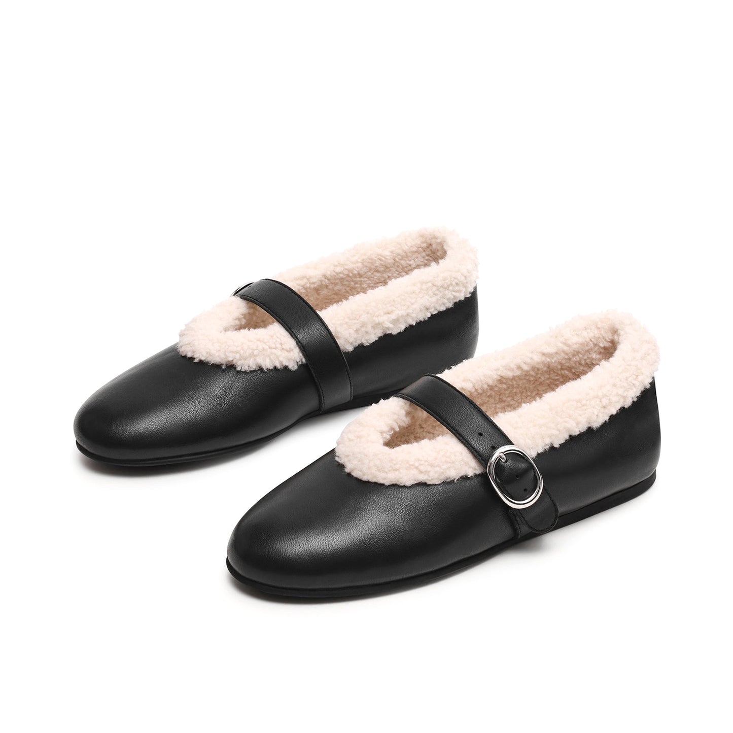 Black Round-Toe Mary Jane Ballet Flats With Plush