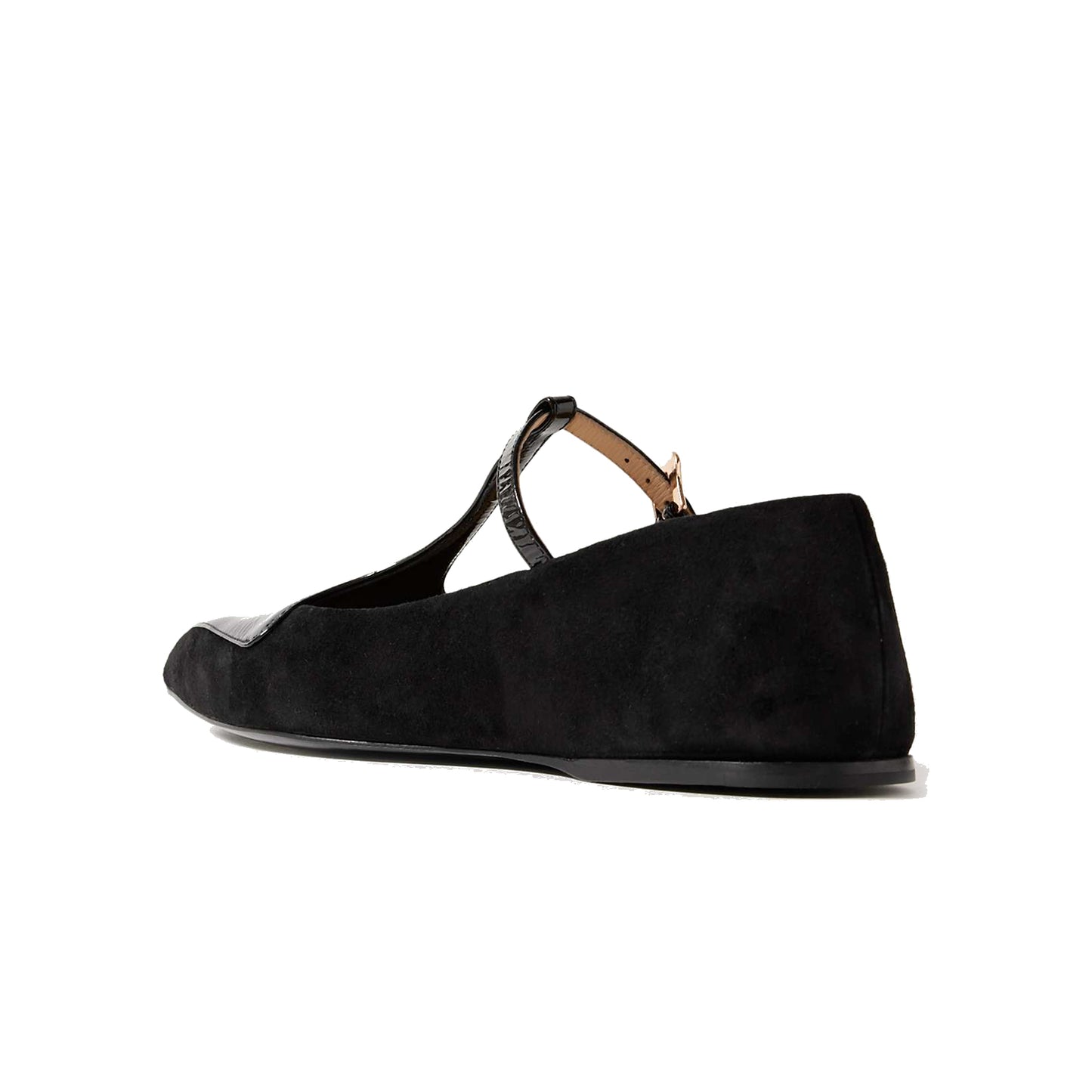 Black Contrast Patent Leather And Faux Suede Pointed-Toe Mary Jane Flats