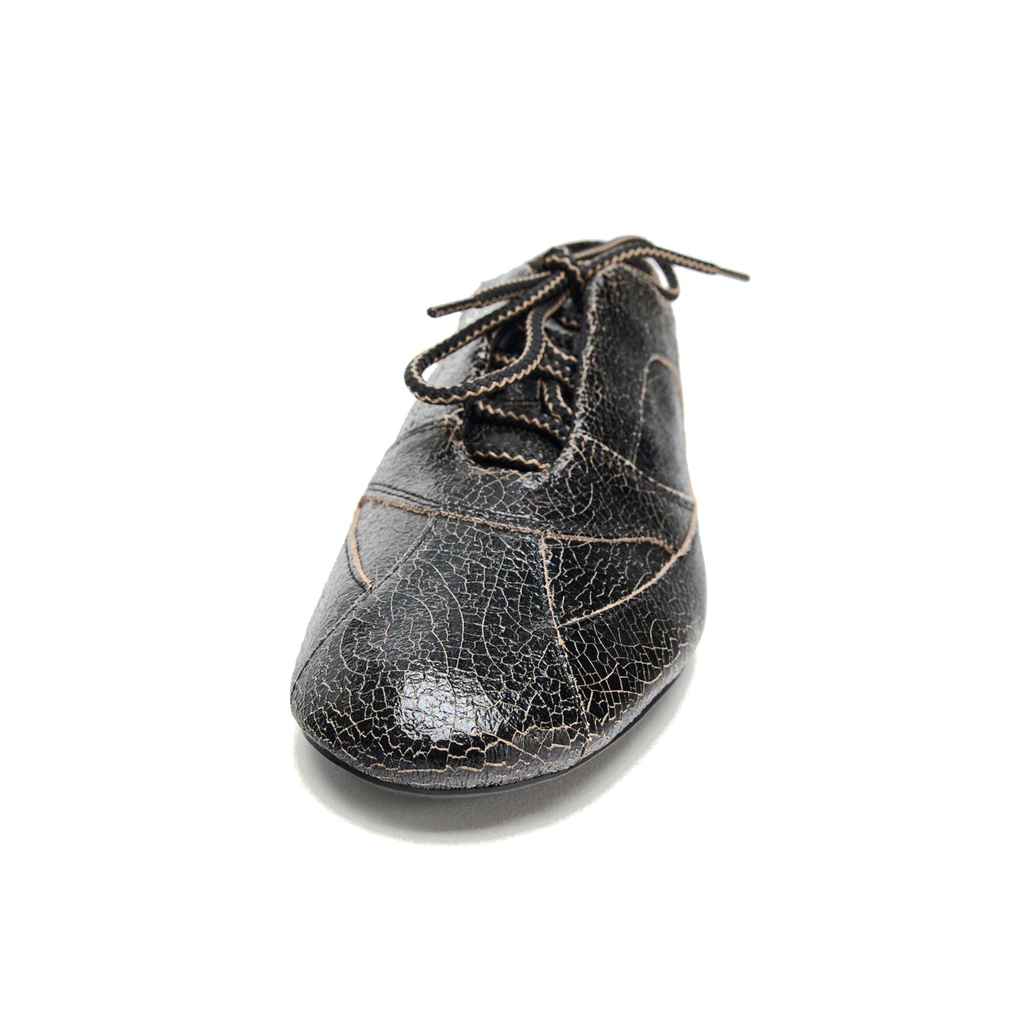 Distressed Black Square-Toe Classic Lace-Up Flats