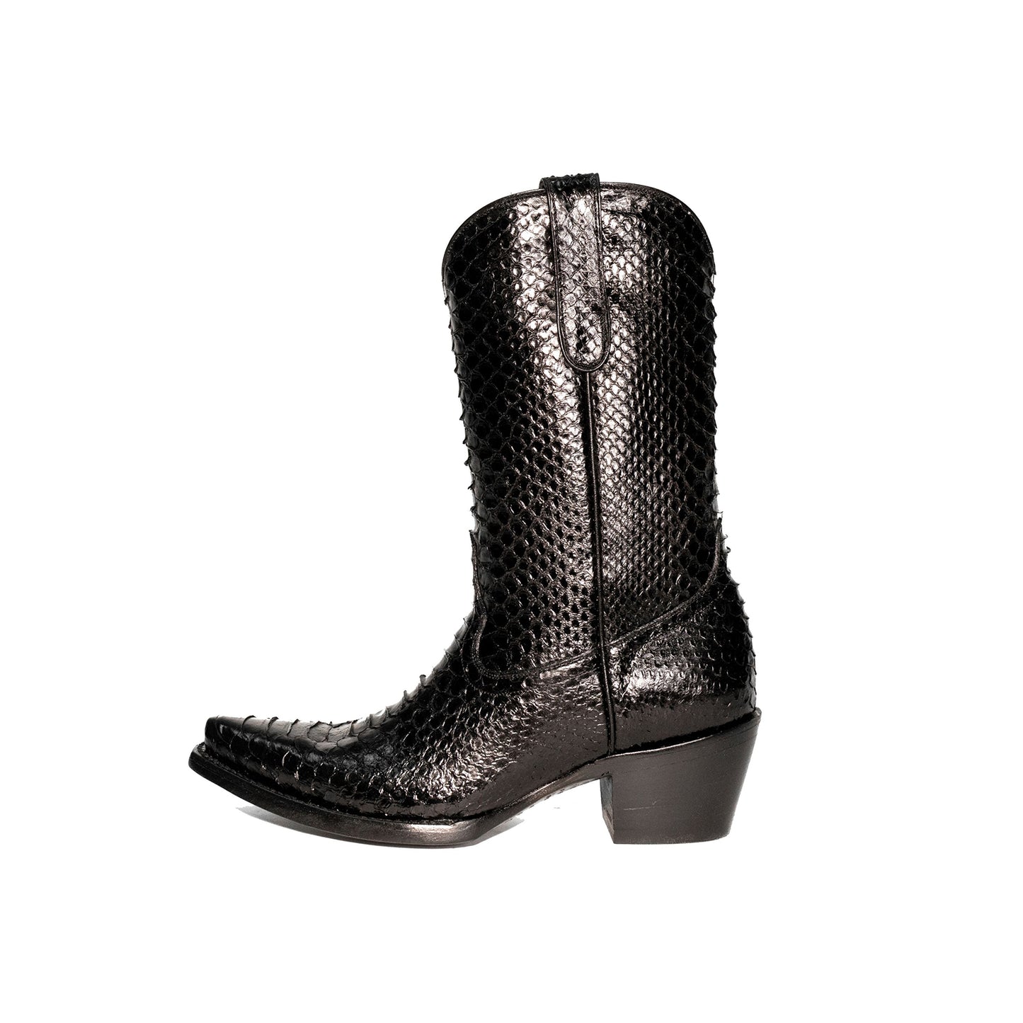 Black Snakeskin Print Snip-Toe Simple Mid Calf Cowgirl Boots