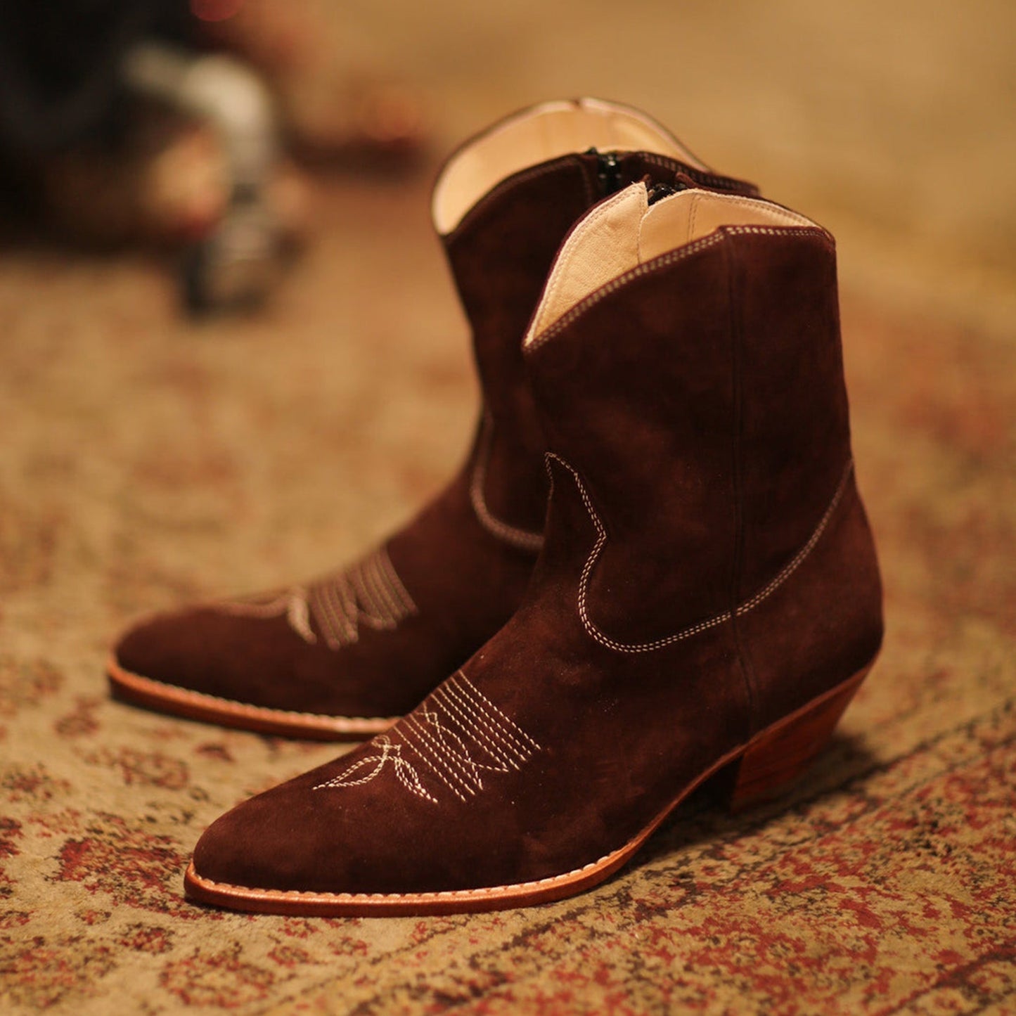 Brown Faux Suede Round-Toe Classic Stitch Full-Zip Ankle Cowgirl Boots