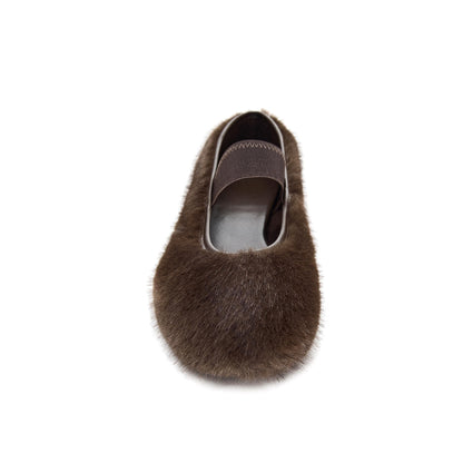 Chocolate Plush Round-Toe Bridge Strap Ballet Flats