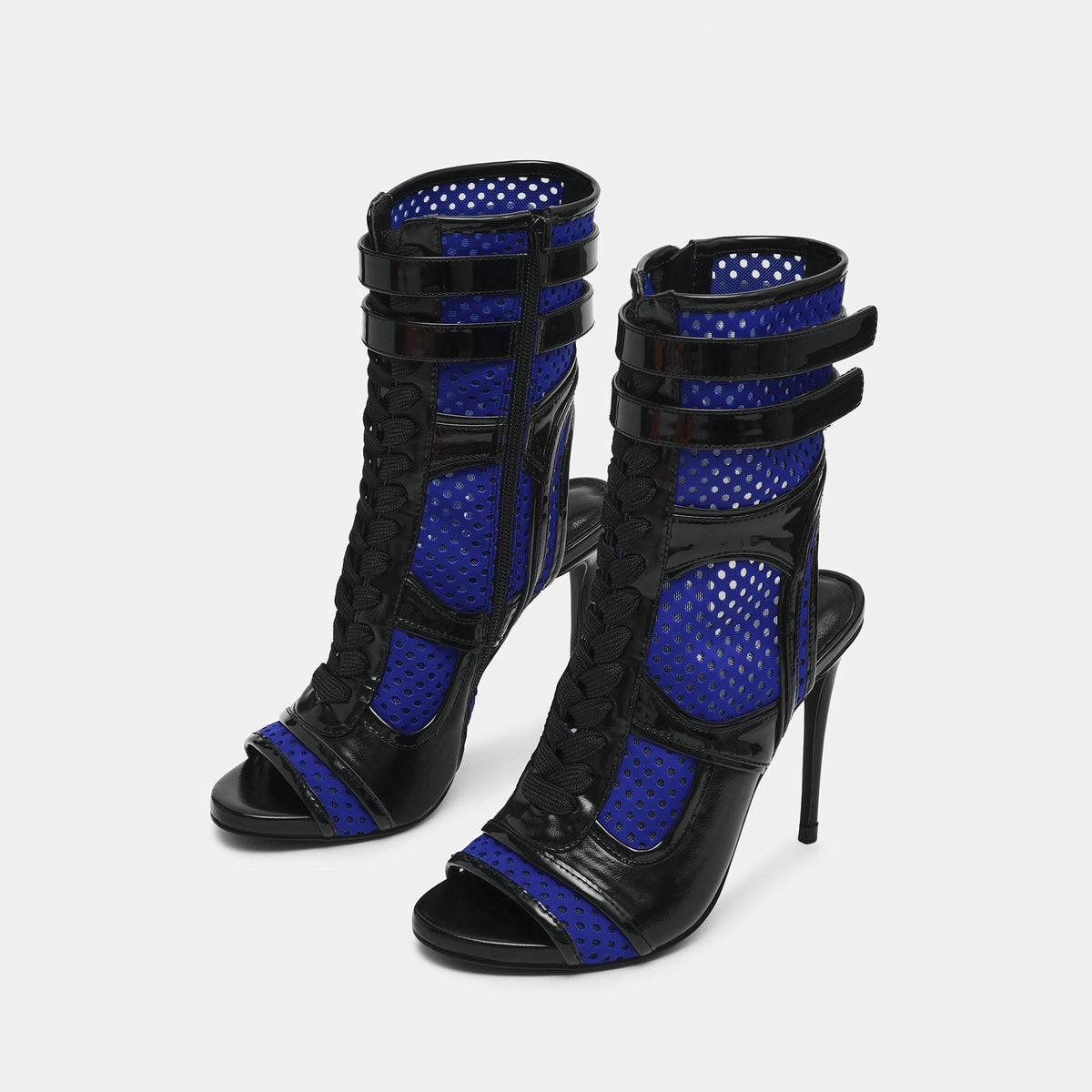 Black Vegan Leather And Blue Mesh Peep Round-Toe Front Lace-Up Strappy Side Full-Zip Stiletto Shoes