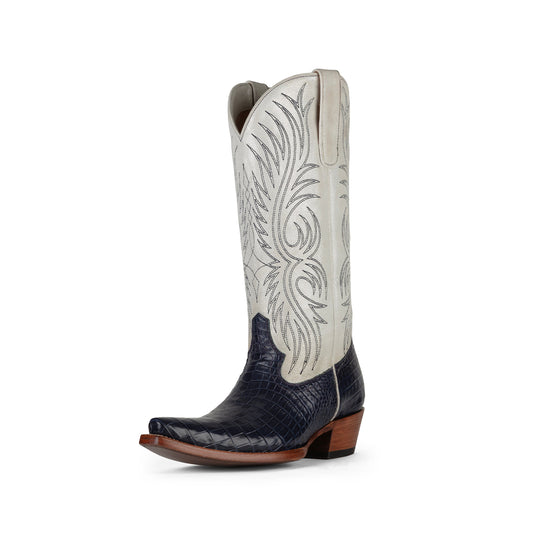 Contrast Ivory And Purple Crocodile Print Snip-Toe Embroidery Mid Calf Cowgirl Boots