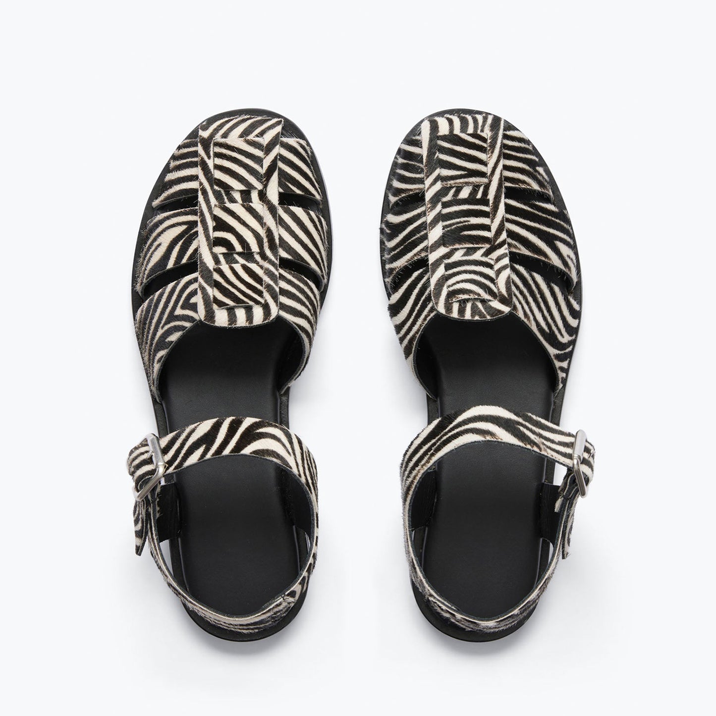 Zebra Pattern Pony Hair Vegan Leather Round-Toe Fisherman Sandals Flats