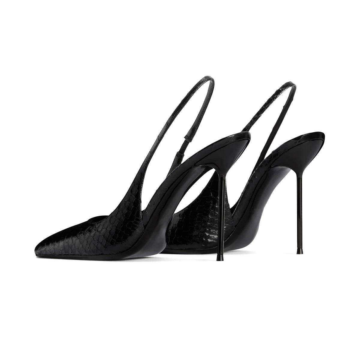 Black Snakeskin Pattern Pointed-Toe Slingback Pumps High Heels