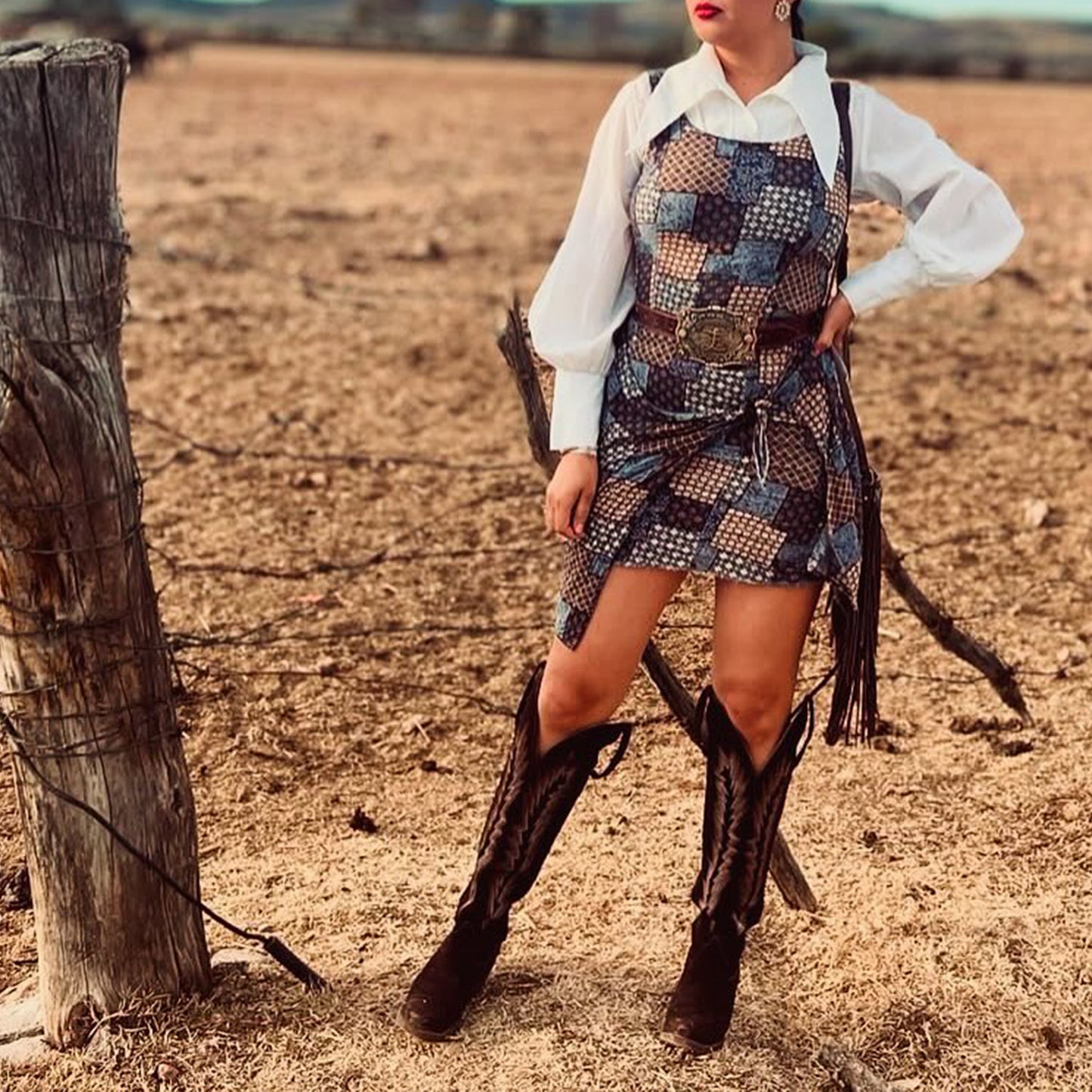 Chocolate Faux Suede Snip-Toe Embroidery Wide Calf Over-The-Knee Cowgirl Boots