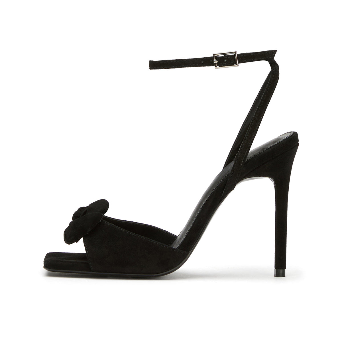 Black Faux Suede Square-Toe Front Rose Ankle Strap High Heels