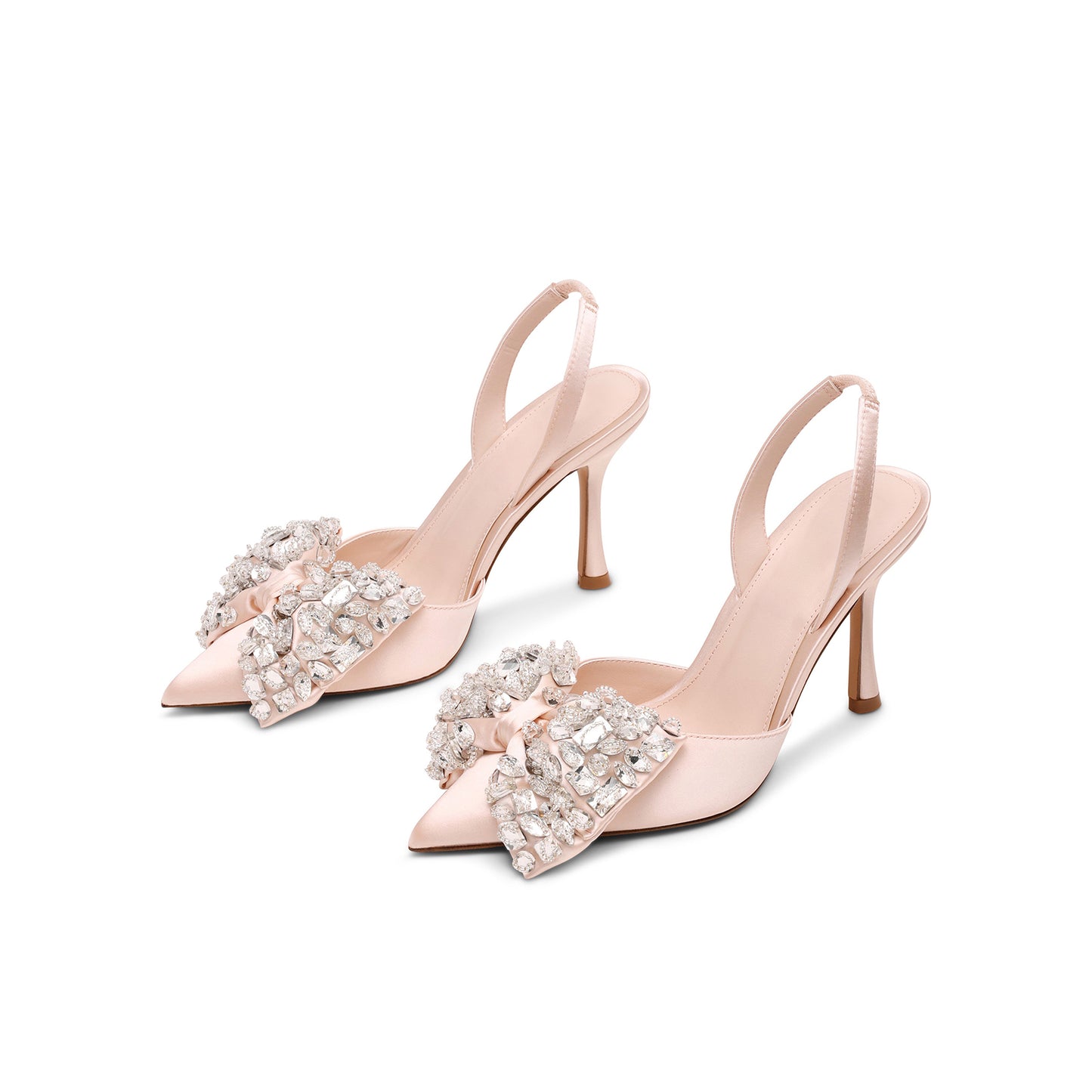 Champagne Satin Pointed-Toe Crystals Front Bow Slingback High Heels Pumps