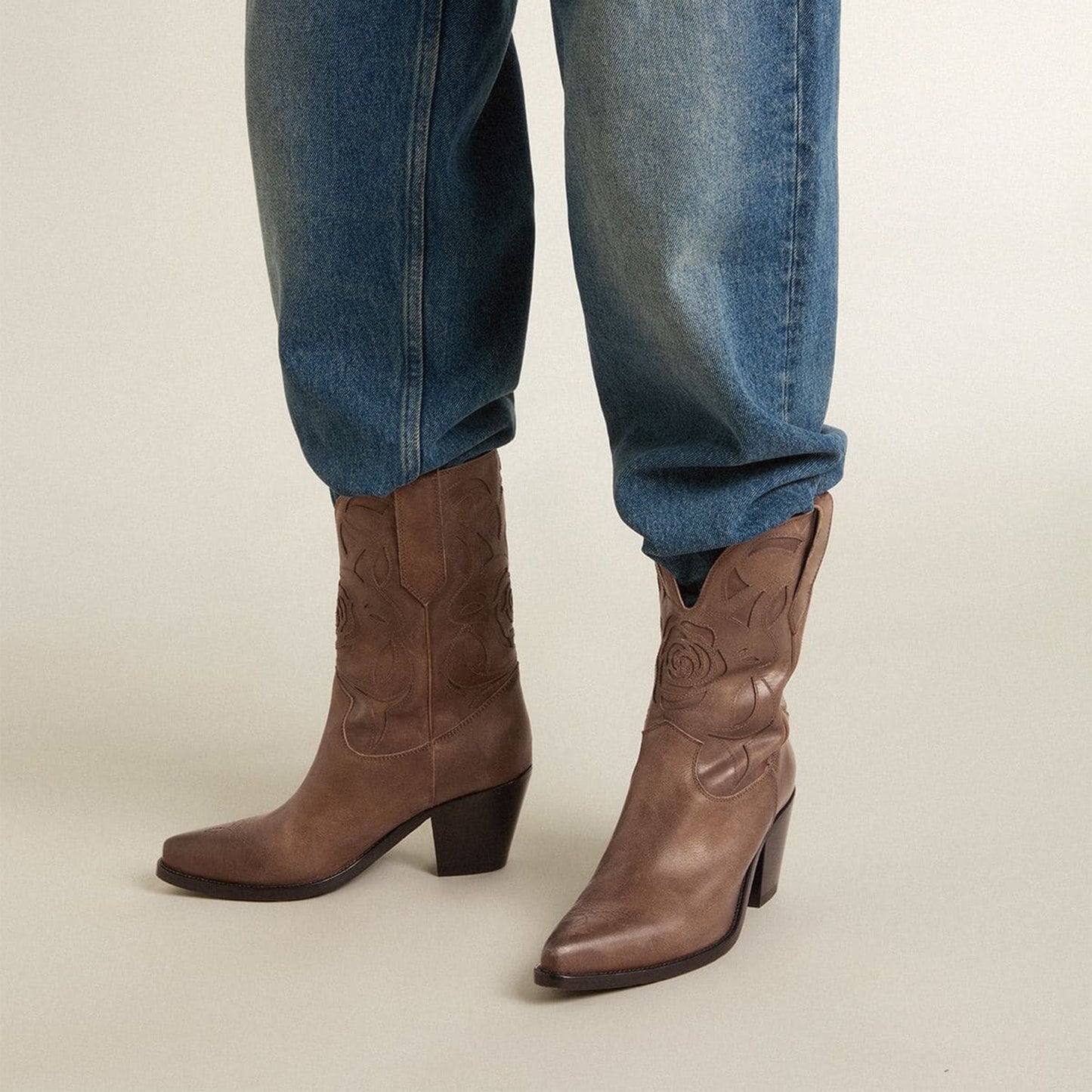 Dove Gray Snip-Toe Rose Inlay Mid Calf Cowgirl Boots