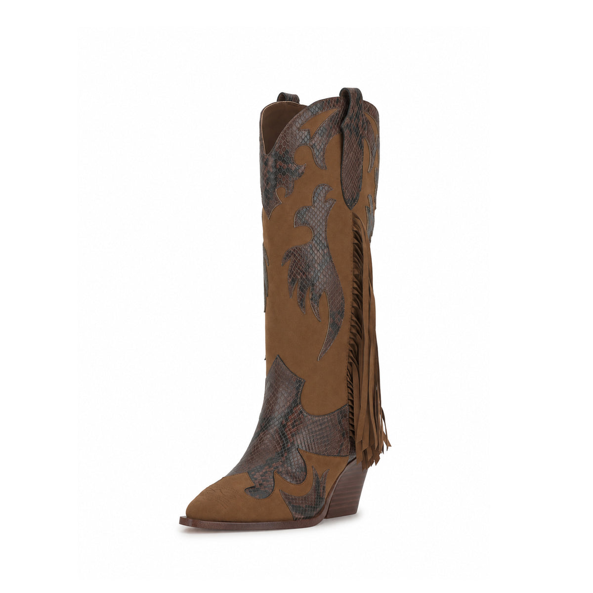 Brown And Snakeskin Pattern Almond-Toe Applique And Side Fringe Half-Zip Knee High Cowgirl Boots