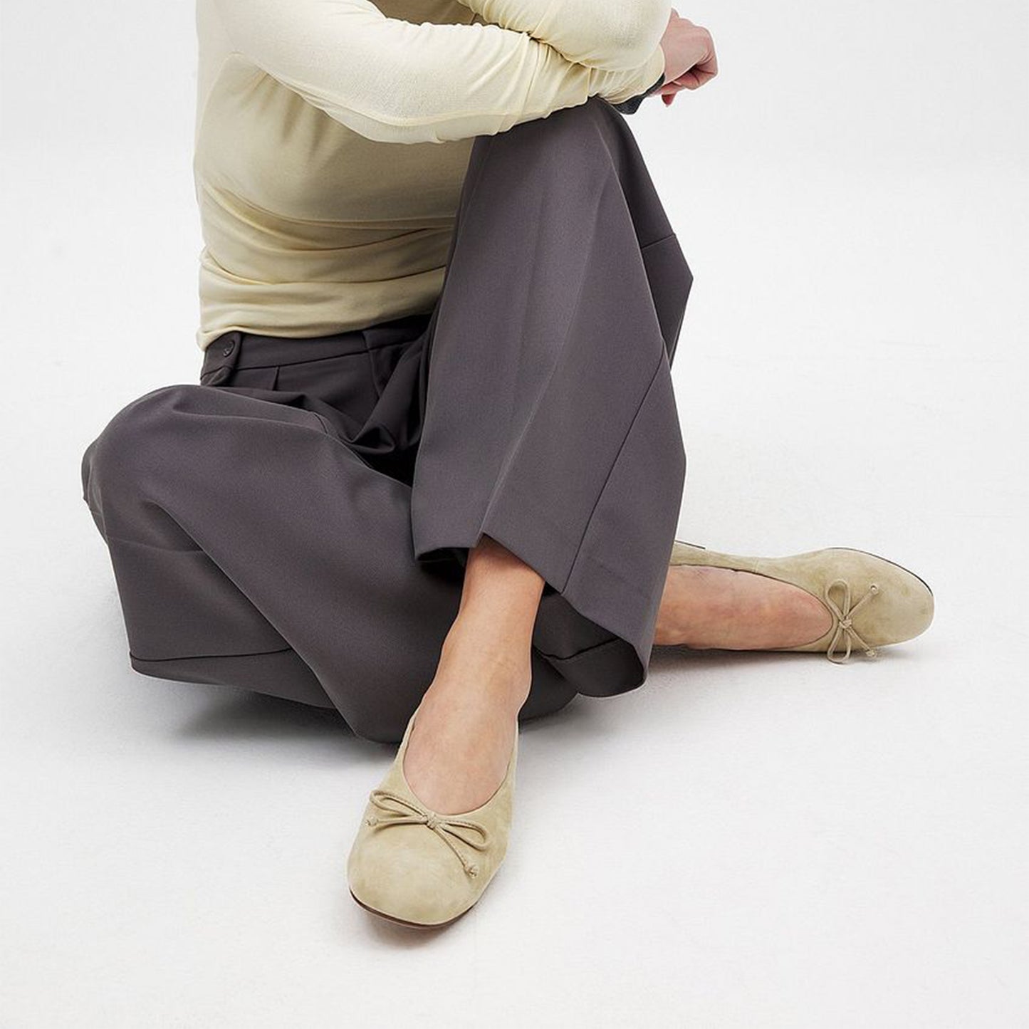 Light Beige Faux Suede Round-Toe Classic Front Bow Detail Ballet Flats