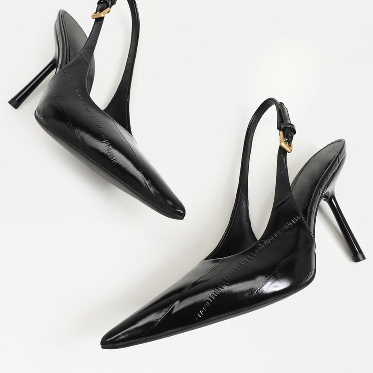 Black Eel Pattern Vegan Leather Pointed-Toe Back Strap Chic High Heels Pumps