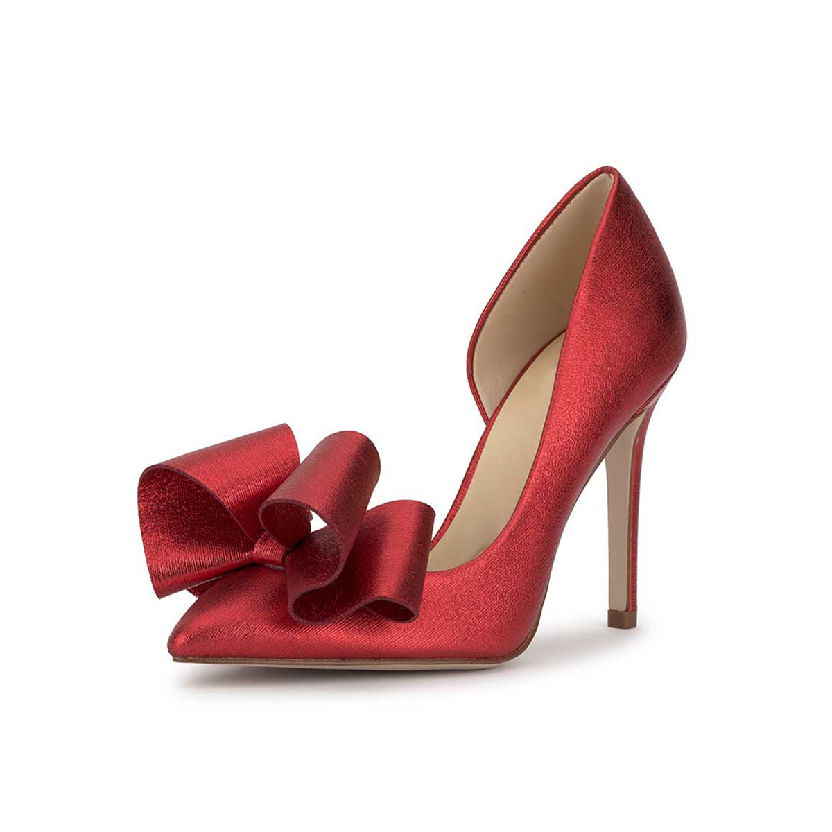Metallic Red Pointed-Toe Front Big Bow Sleek Slip-On High Heels