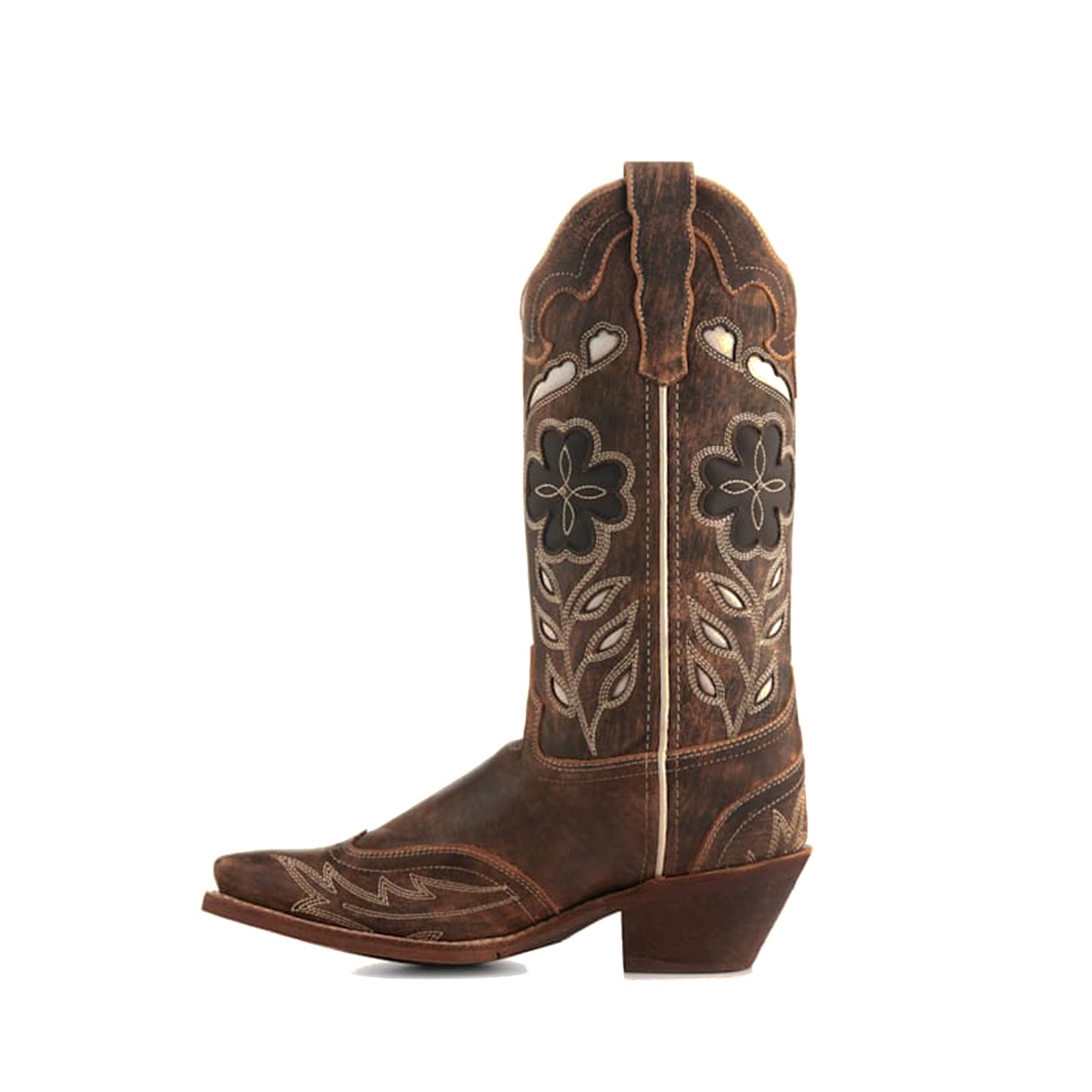 Distressed Brown Snip-Toe Flower Inlay Mid Calf Cowgirl Boots
