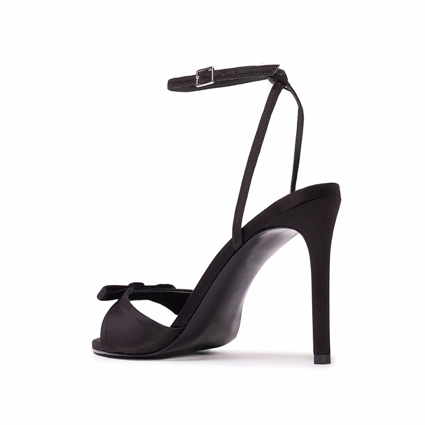 Black Satin Round-Toe Front Bow Ankle Strap High Stiletto Heels