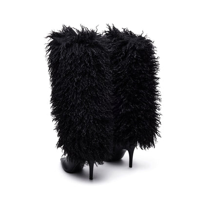 Black Pointed-Toe Full Plush Wide Calf Knee High Stiletto Boots