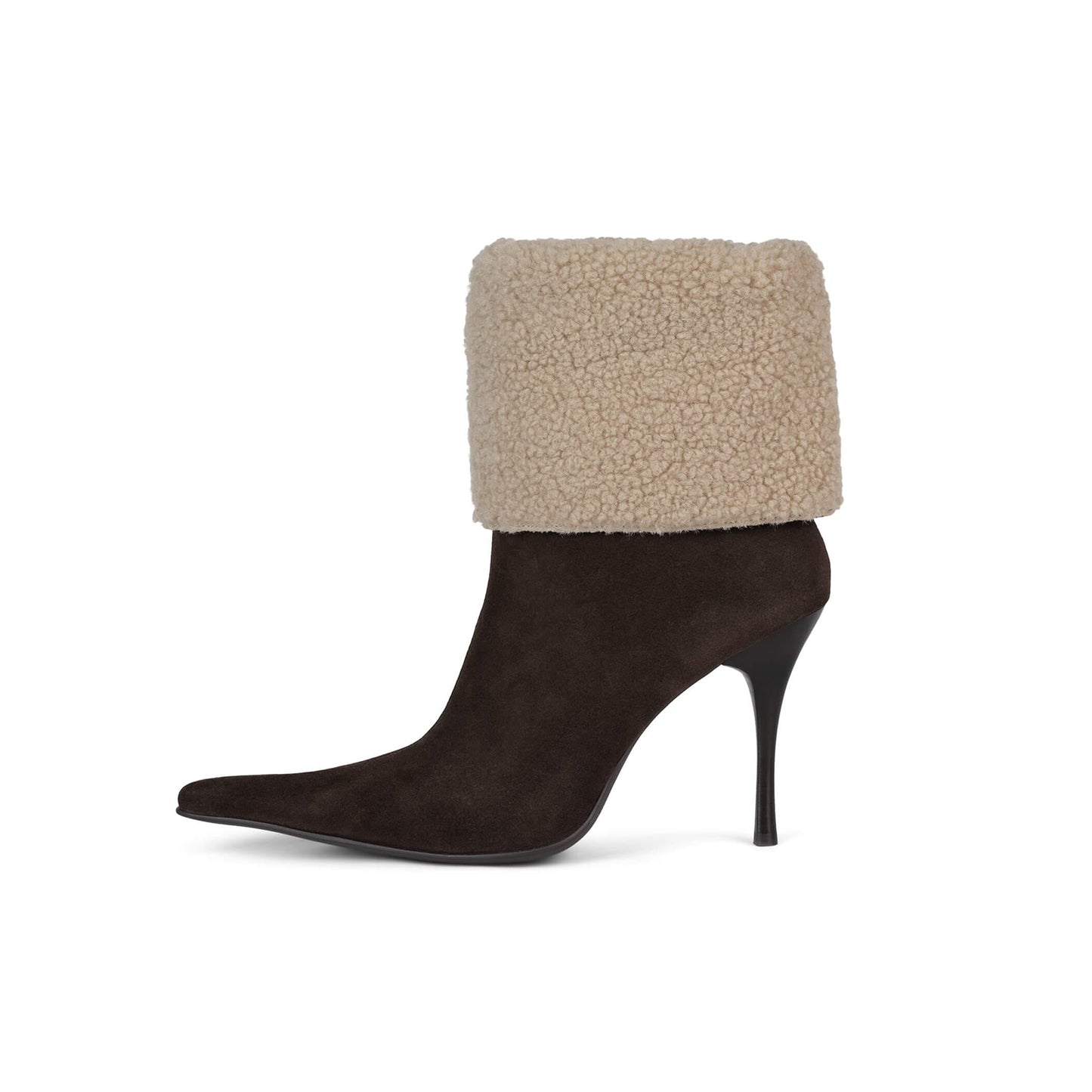 Brown Faux Suede And Plush Pointed-Toe Full-Zip Ankle Stiletto Boots