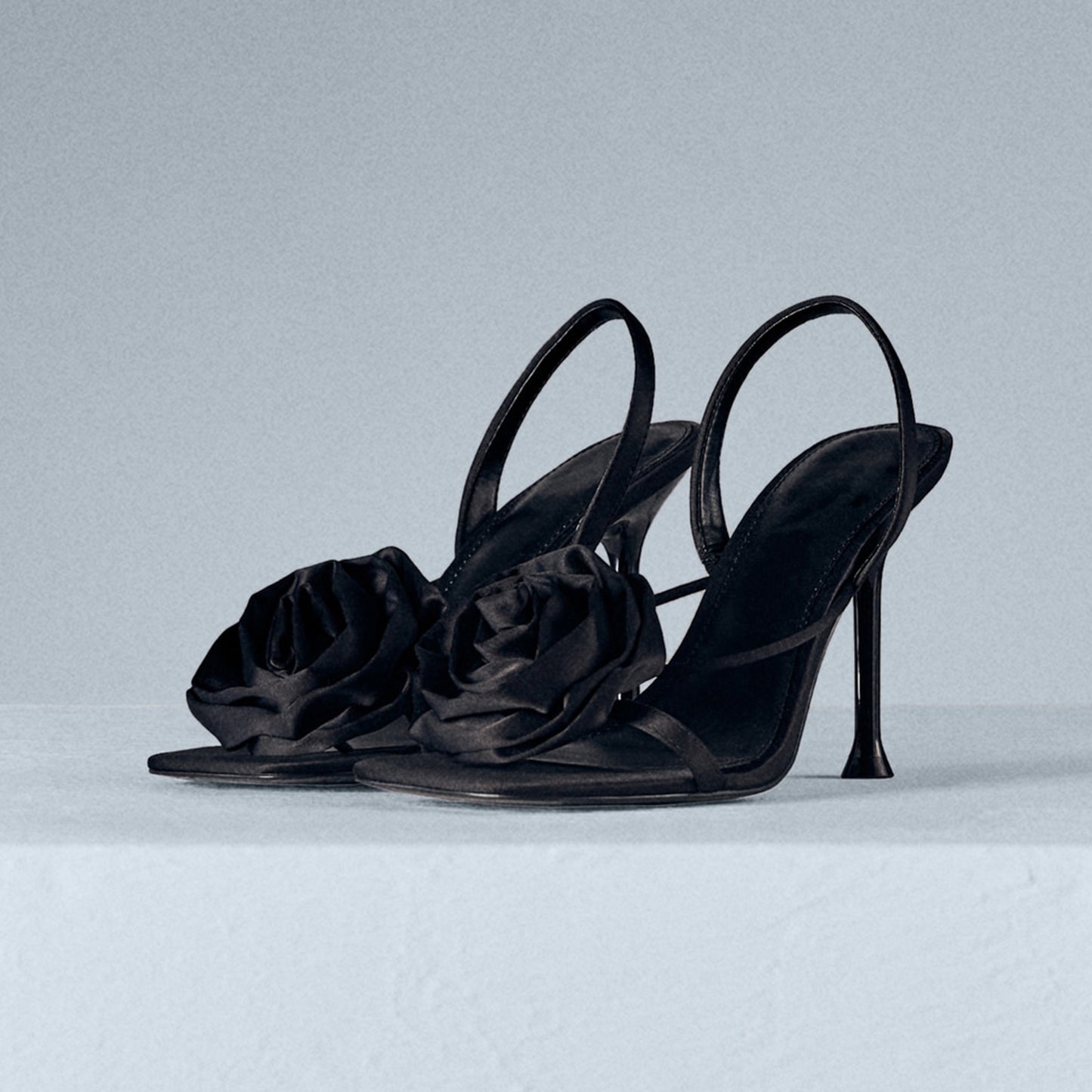 Black Satin Square-Toe Big Front Flower Slingback High Heels