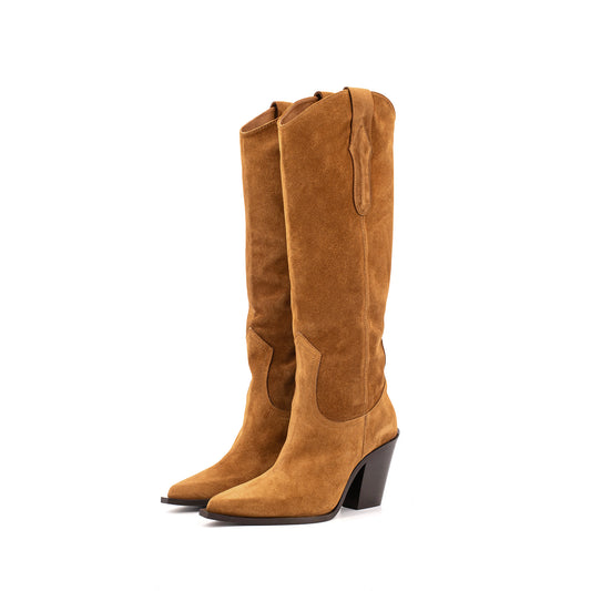 Cognac Faux Suede Pointed-Toe Simple Wide Calf Knee High Cowgirl Boots