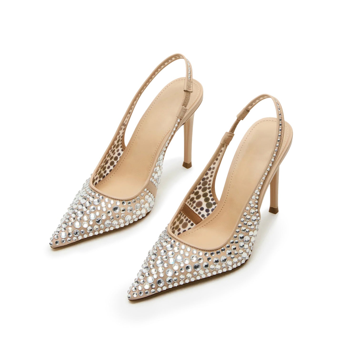 Nude Mesh With Rhinestones Pointed-Toe Slingback High Heels Pumps
