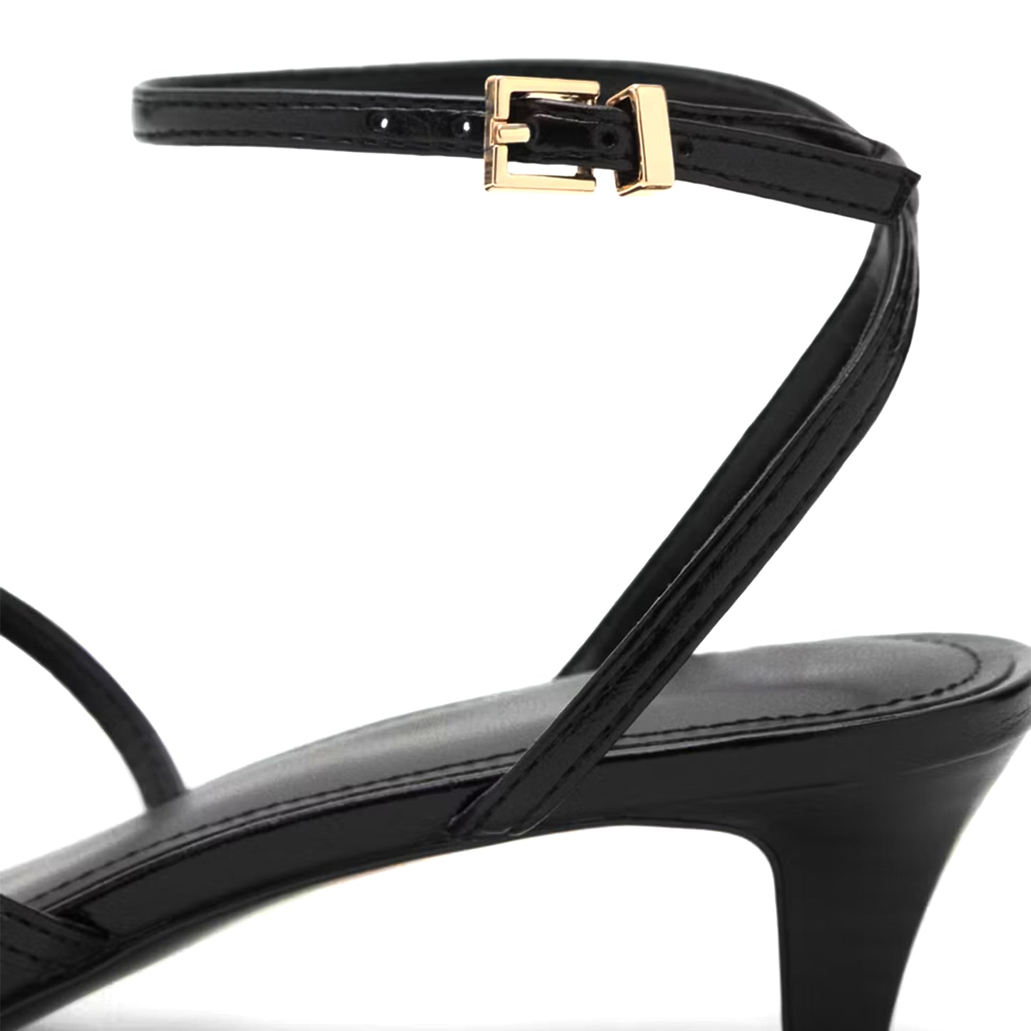 Black Square-Toe Double Straps And Ankle Strap Kitten Heels