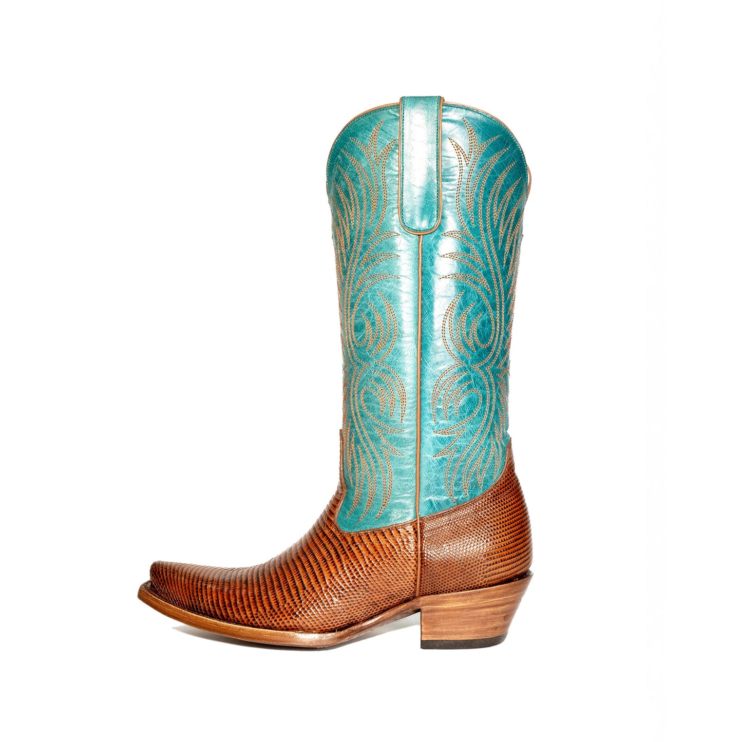 Contrast Turquoise And Cognac Lizard Print Snip-Toe Embroidery Mid Calf Cowgirl Boots
